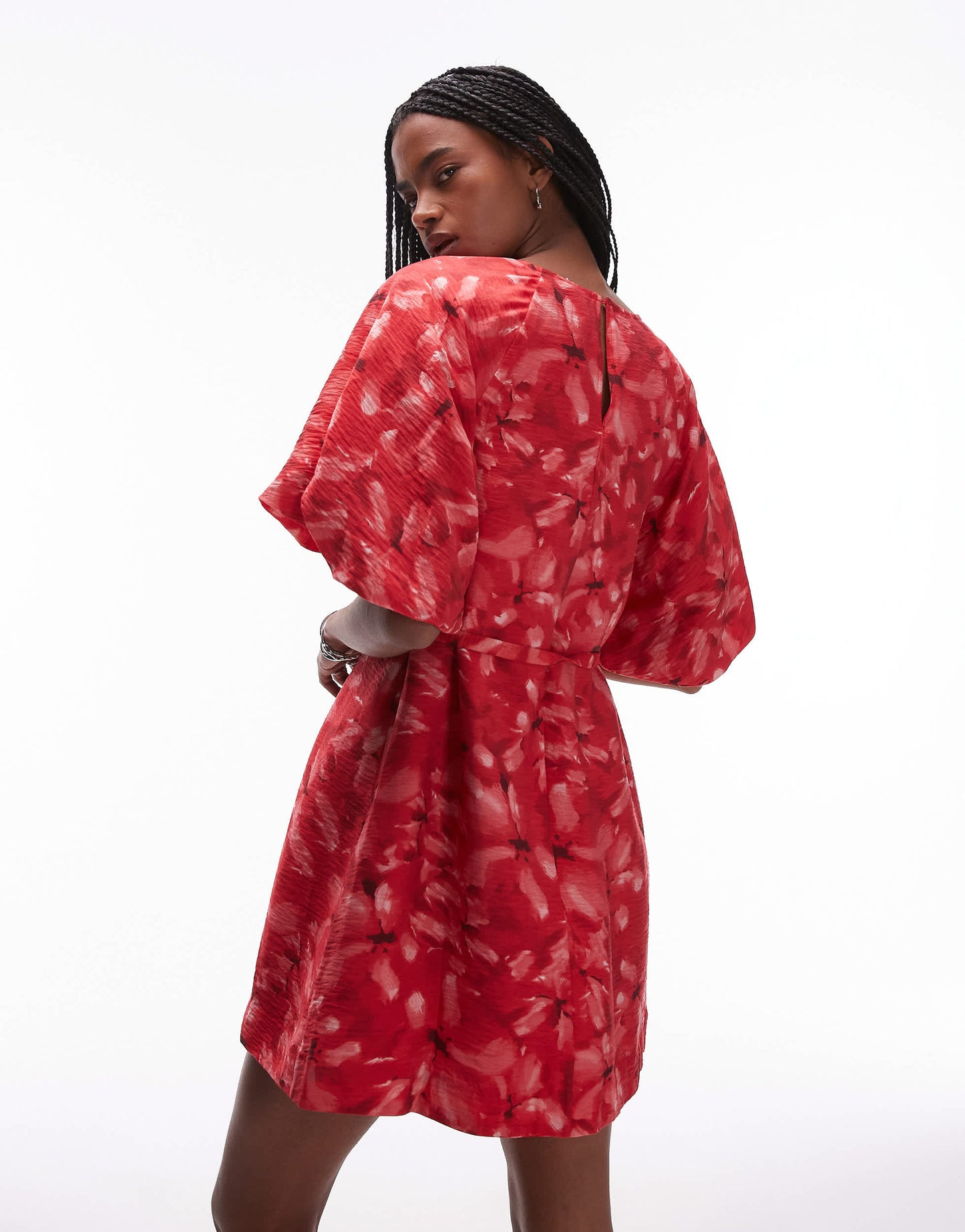 & Other Stories mini round neck dress with puff sleeves and detachable belt in red floral print