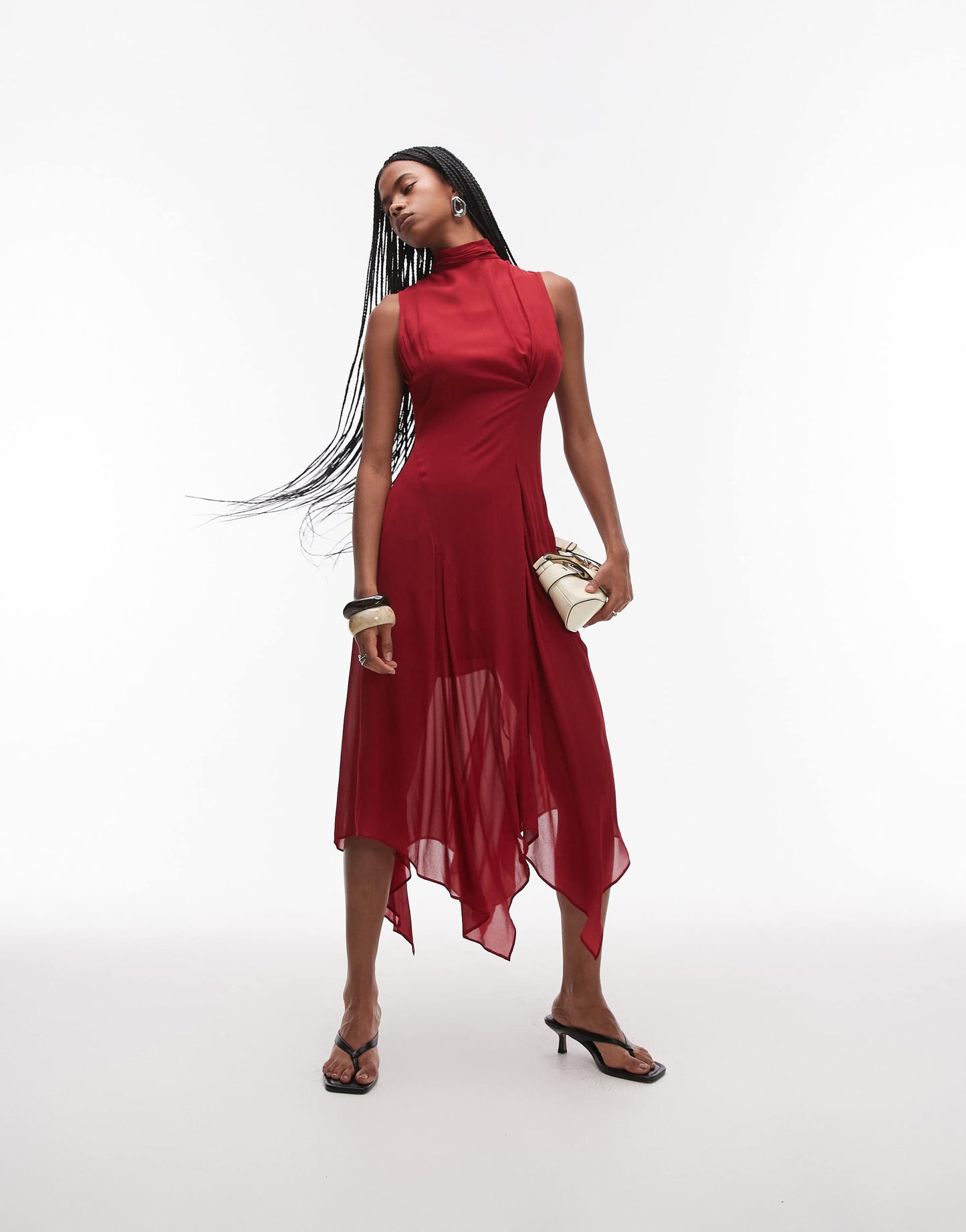 & Other Stories layered sheer chiffon midaxi dress with open tie back and handkerchief hem  in red
