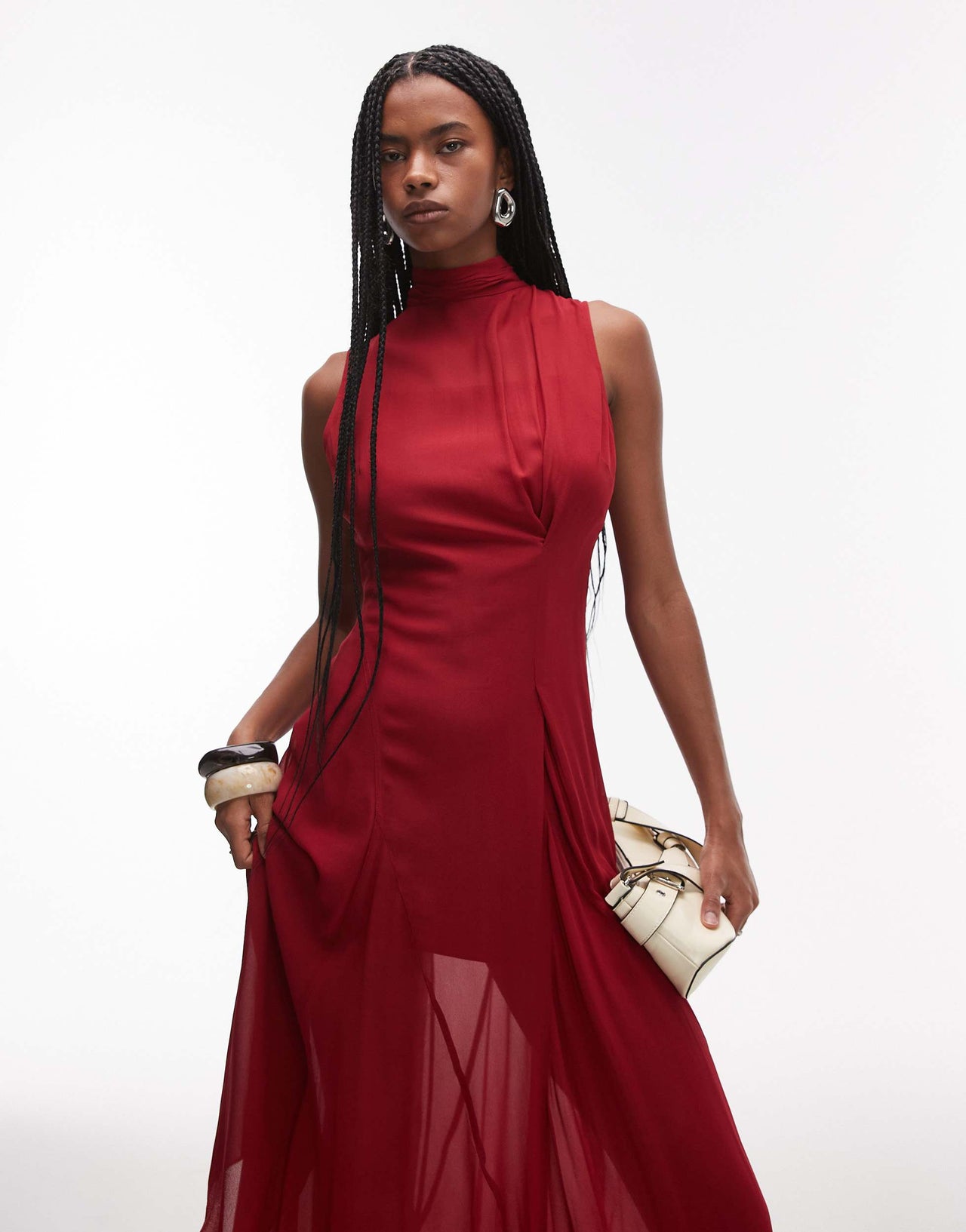 & Other Stories layered sheer chiffon midaxi dress with open tie back and handkerchief hem  in red