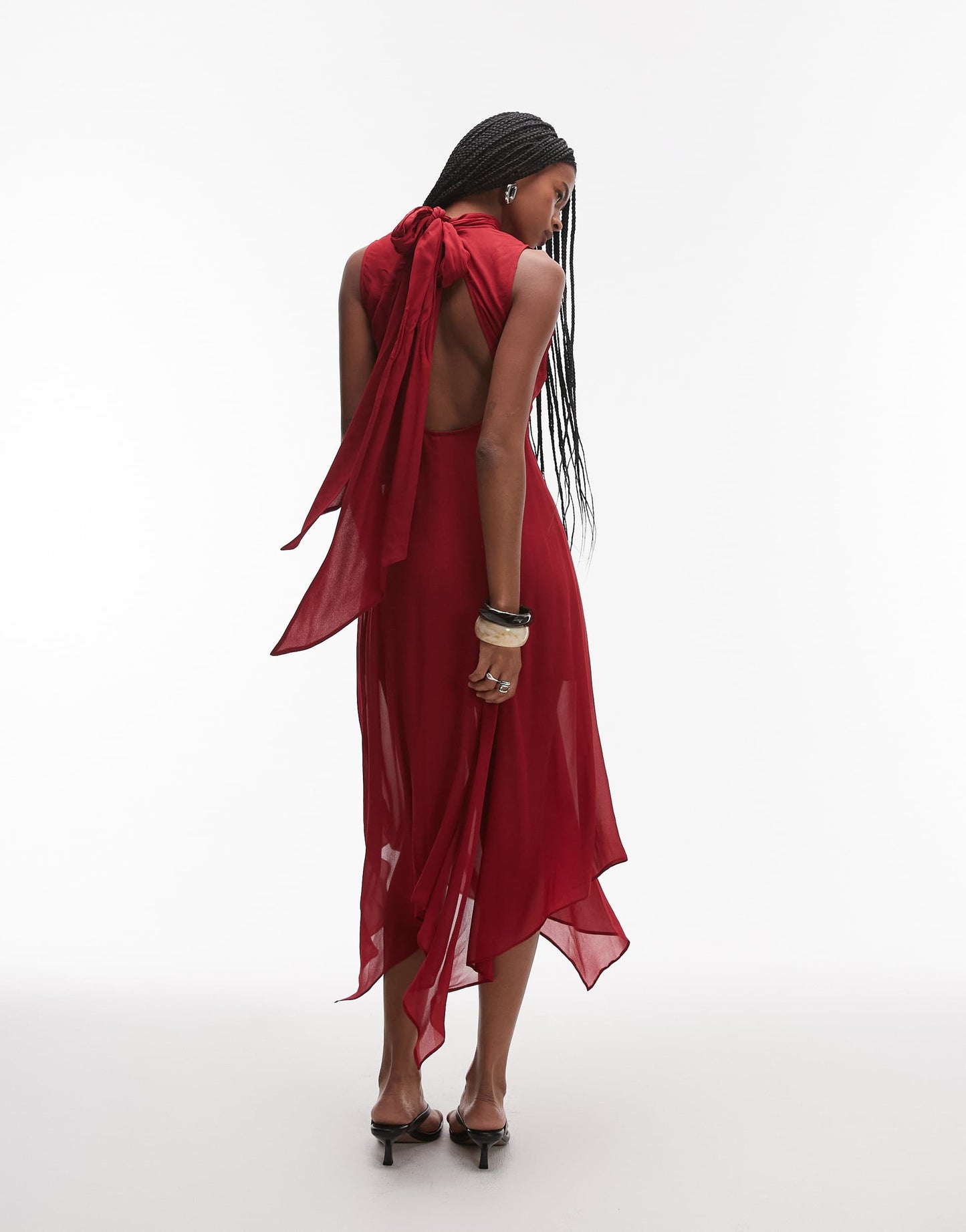 & Other Stories layered sheer chiffon midaxi dress with open tie back and handkerchief hem  in red