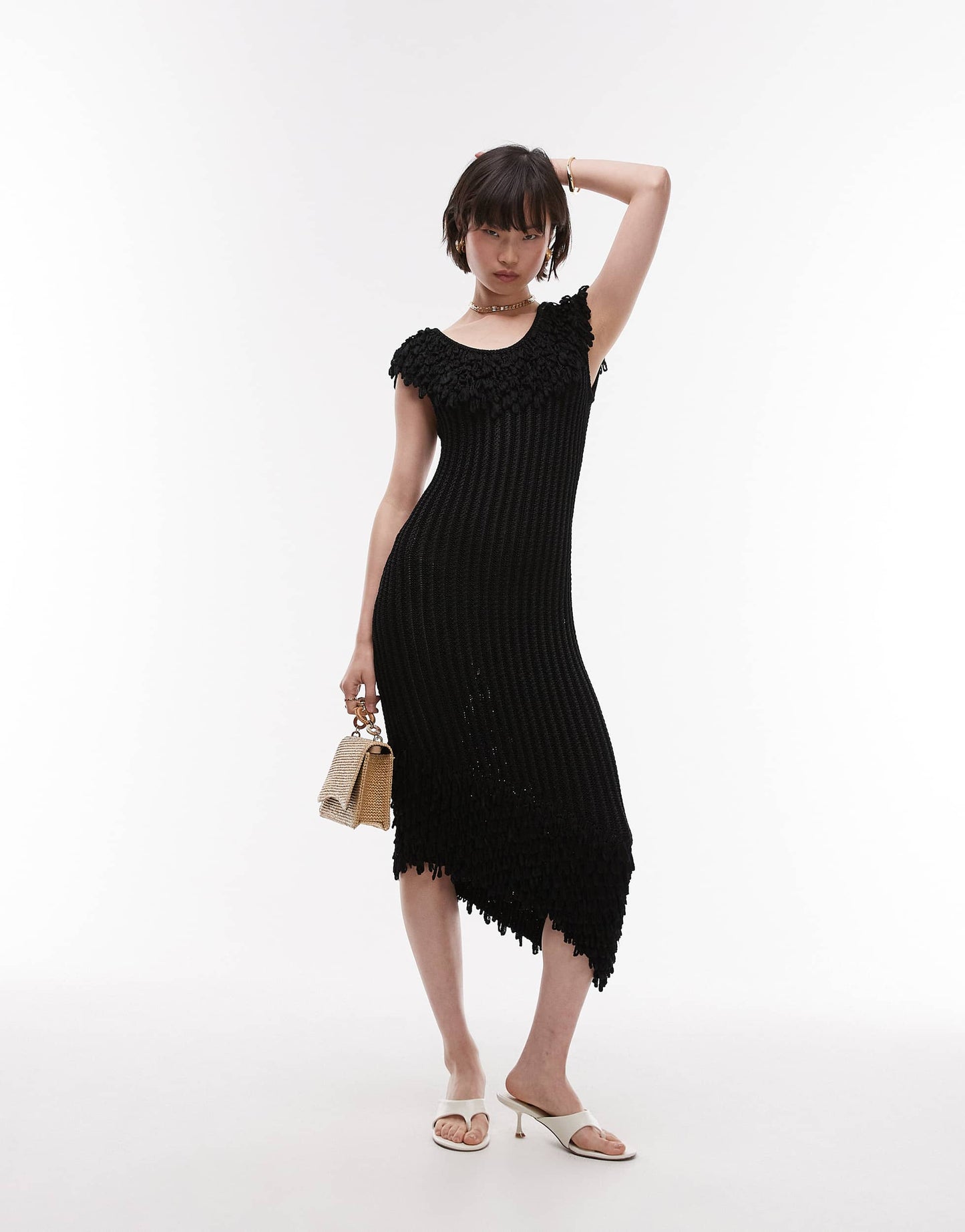 & Other Stories knitted midi dress with fringed neckline and hem in black