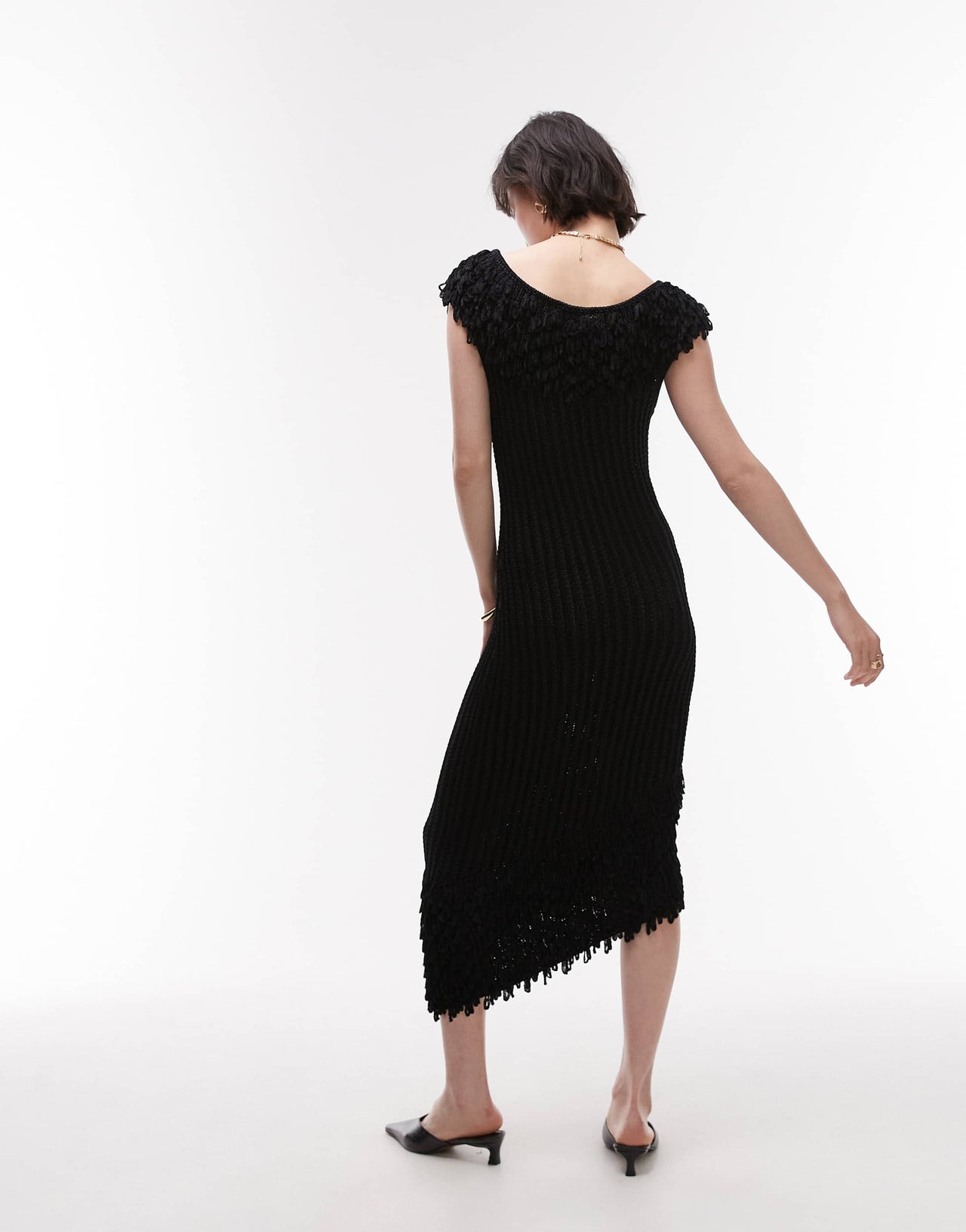 & Other Stories knitted midi dress with fringed neckline and hem in black