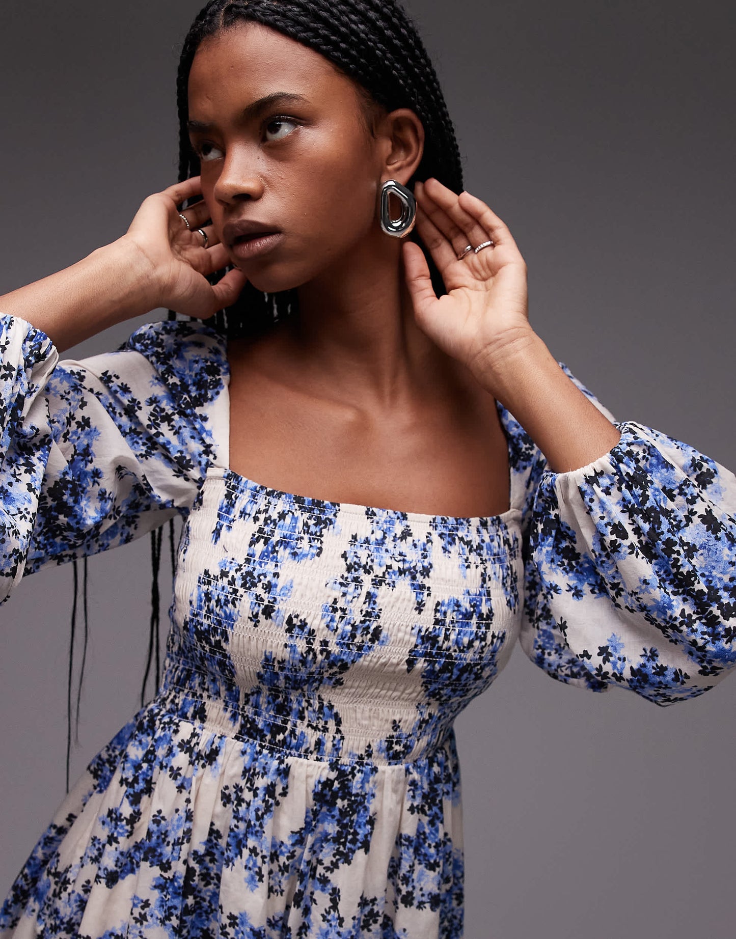 & Other Stories square neck mini dress with shirred bodice  in blue floral print