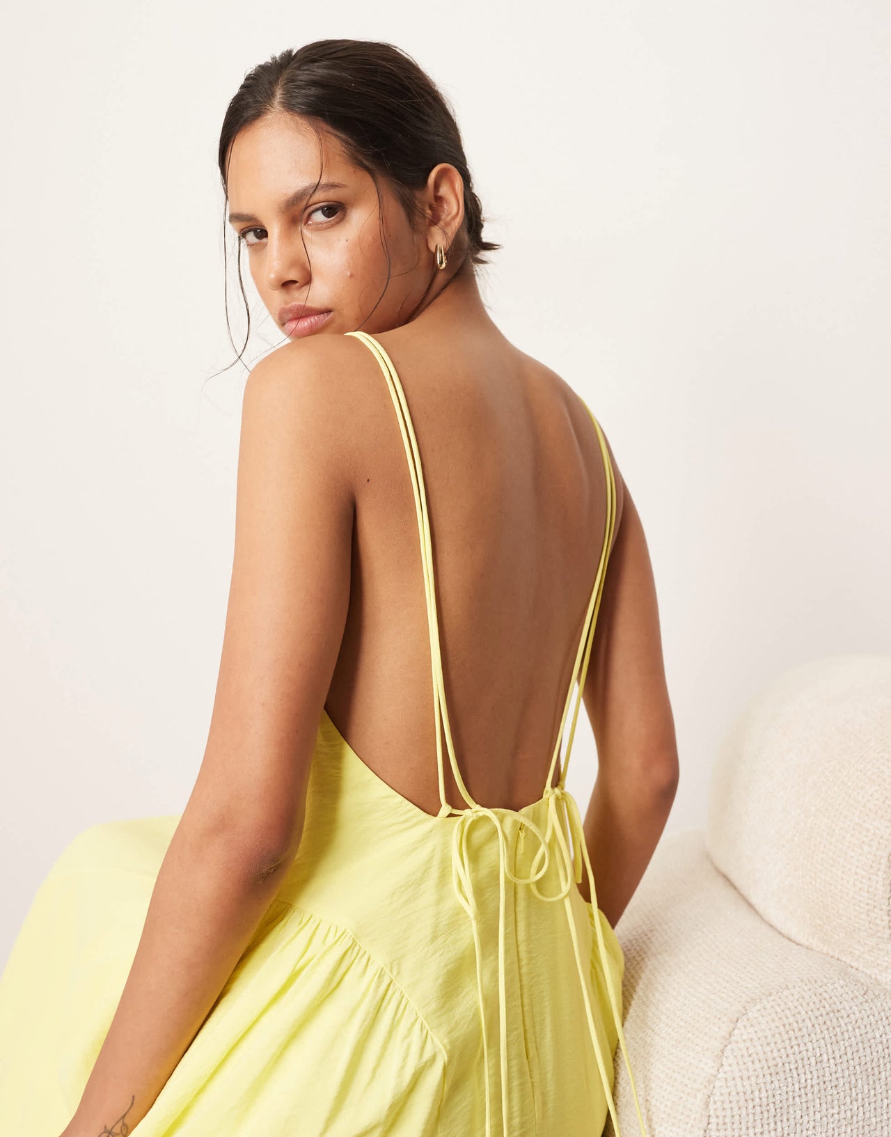 ARRANGE cross back detail midi dress with full skirt in yellow