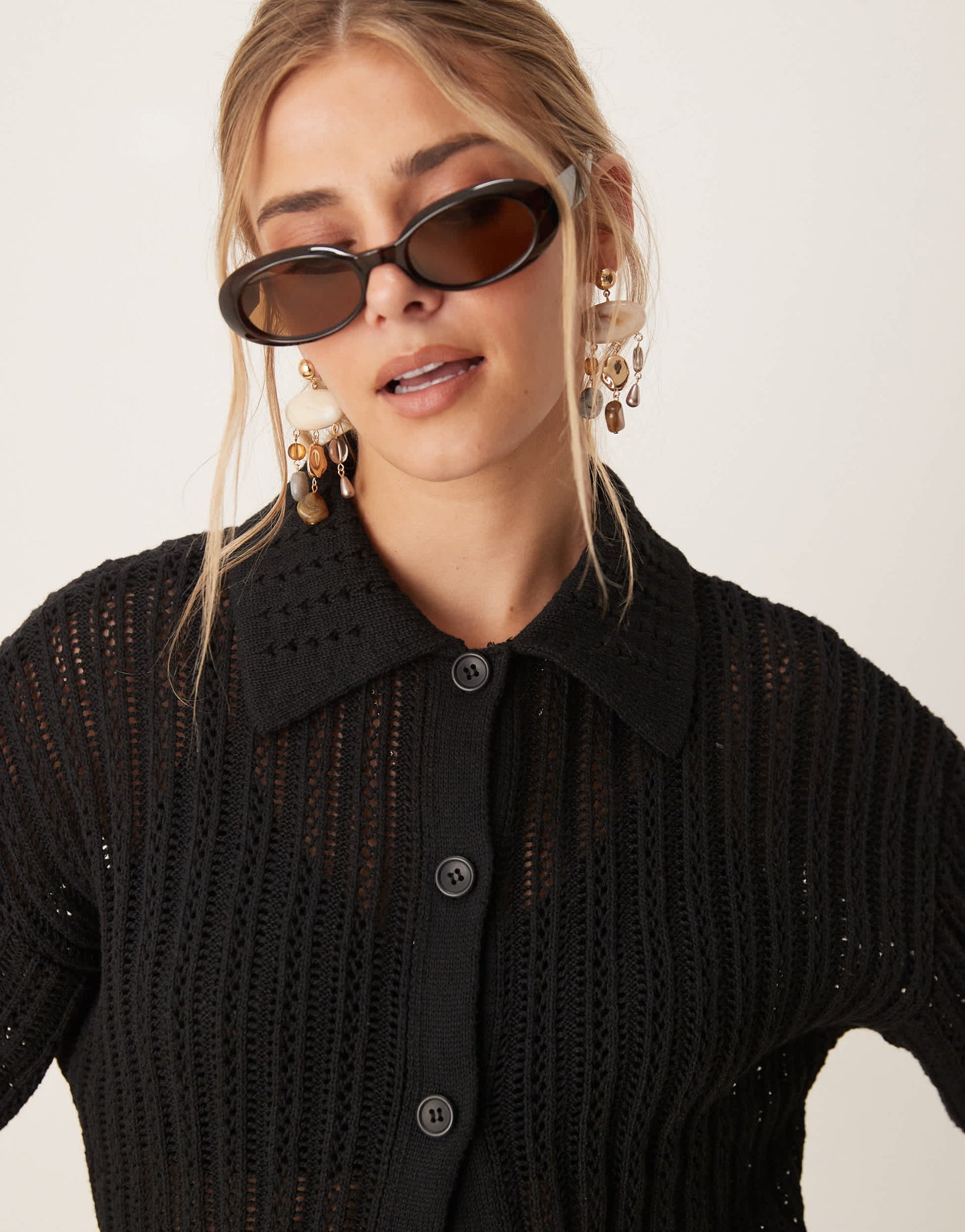 ASOS DESIGN pointelle stitch shirt co-ord in black