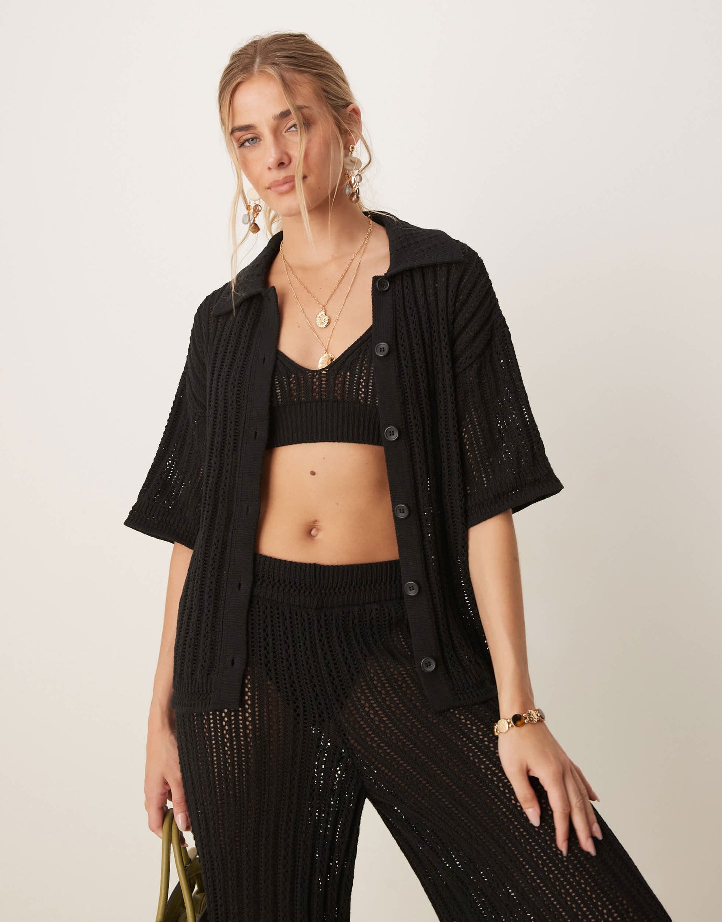 ASOS DESIGN pointelle stitch shirt co-ord in black
