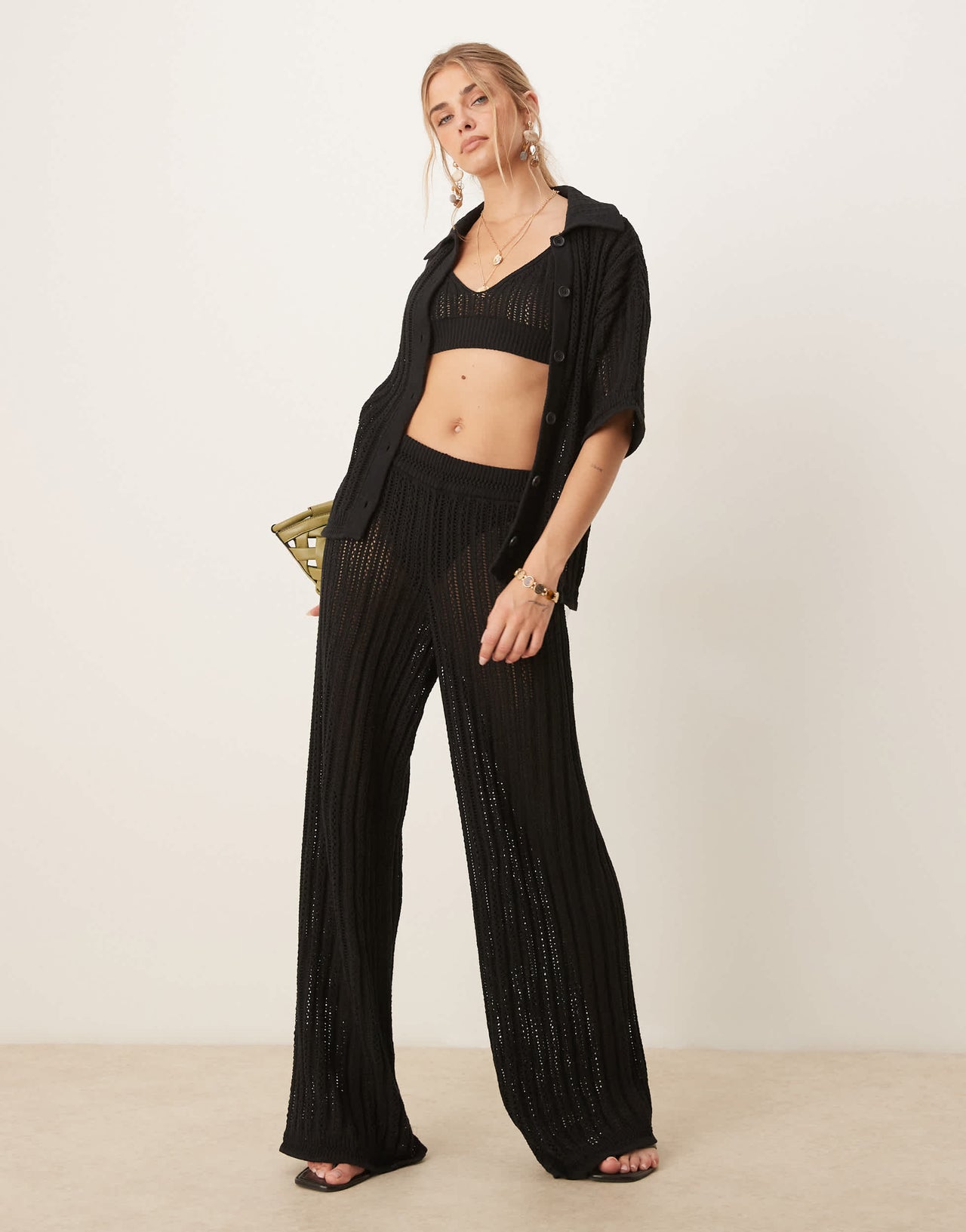 ASOS DESIGN pointelle stitch shirt co-ord in black