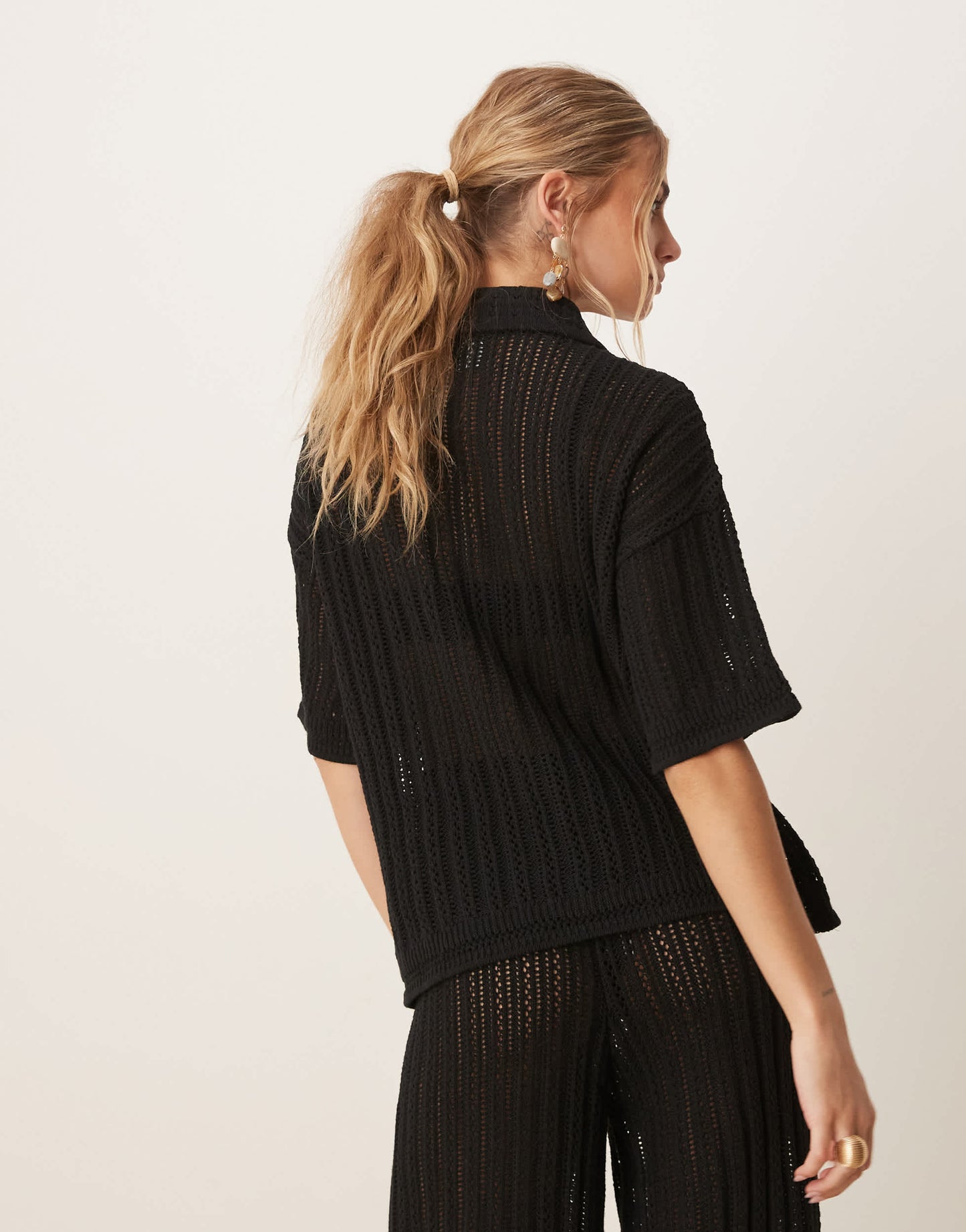 ASOS DESIGN pointelle stitch shirt co-ord in black