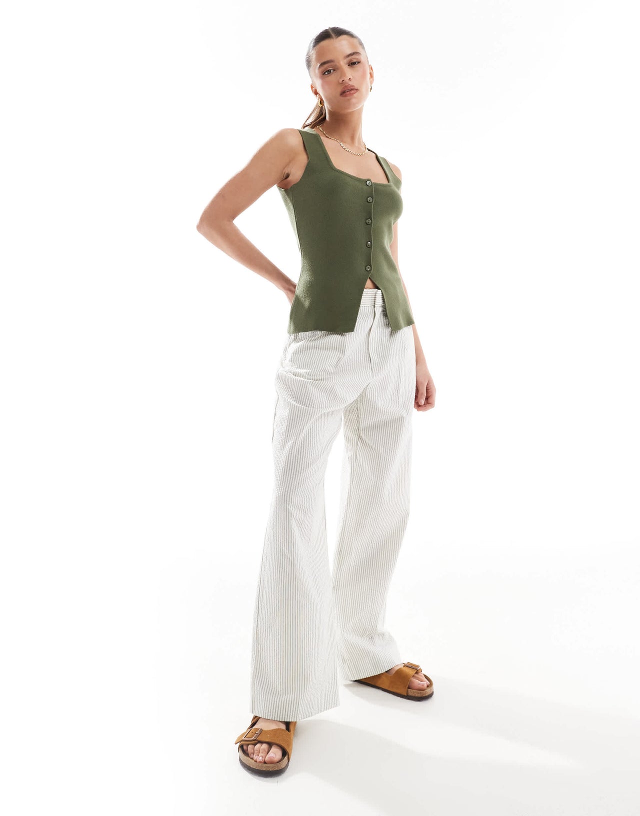 New Look square neck knitted waistcoat in khaki