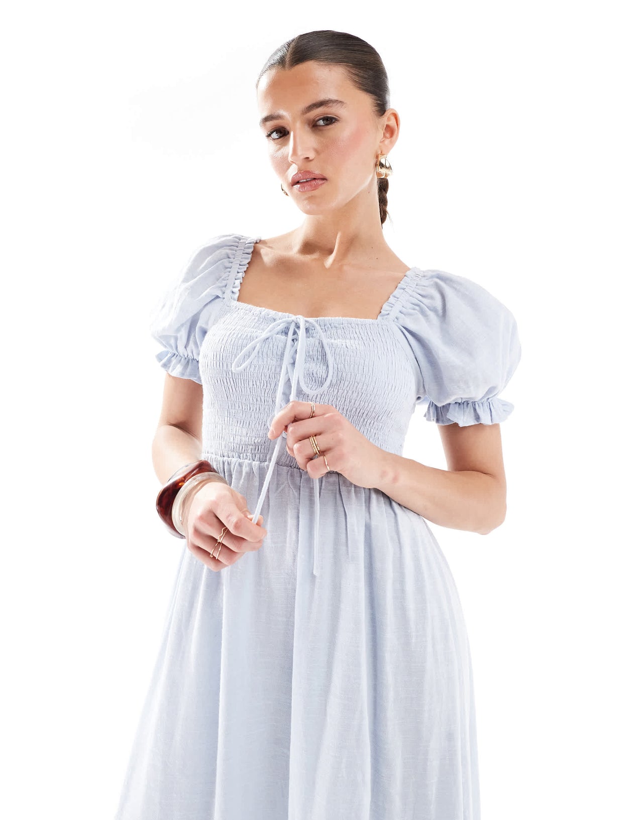 New Look shirred tie front midi dress in blue