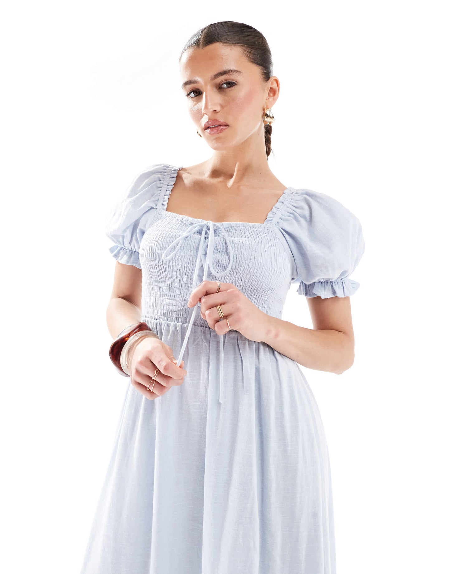 New Look shirred tie front midi dress in blue