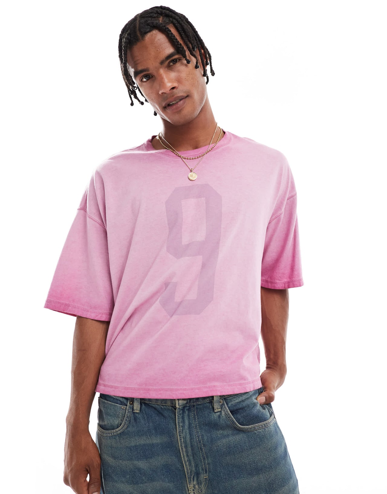 Hollister baggy drop jersey t-shirt with varsity motif detail in washed pink