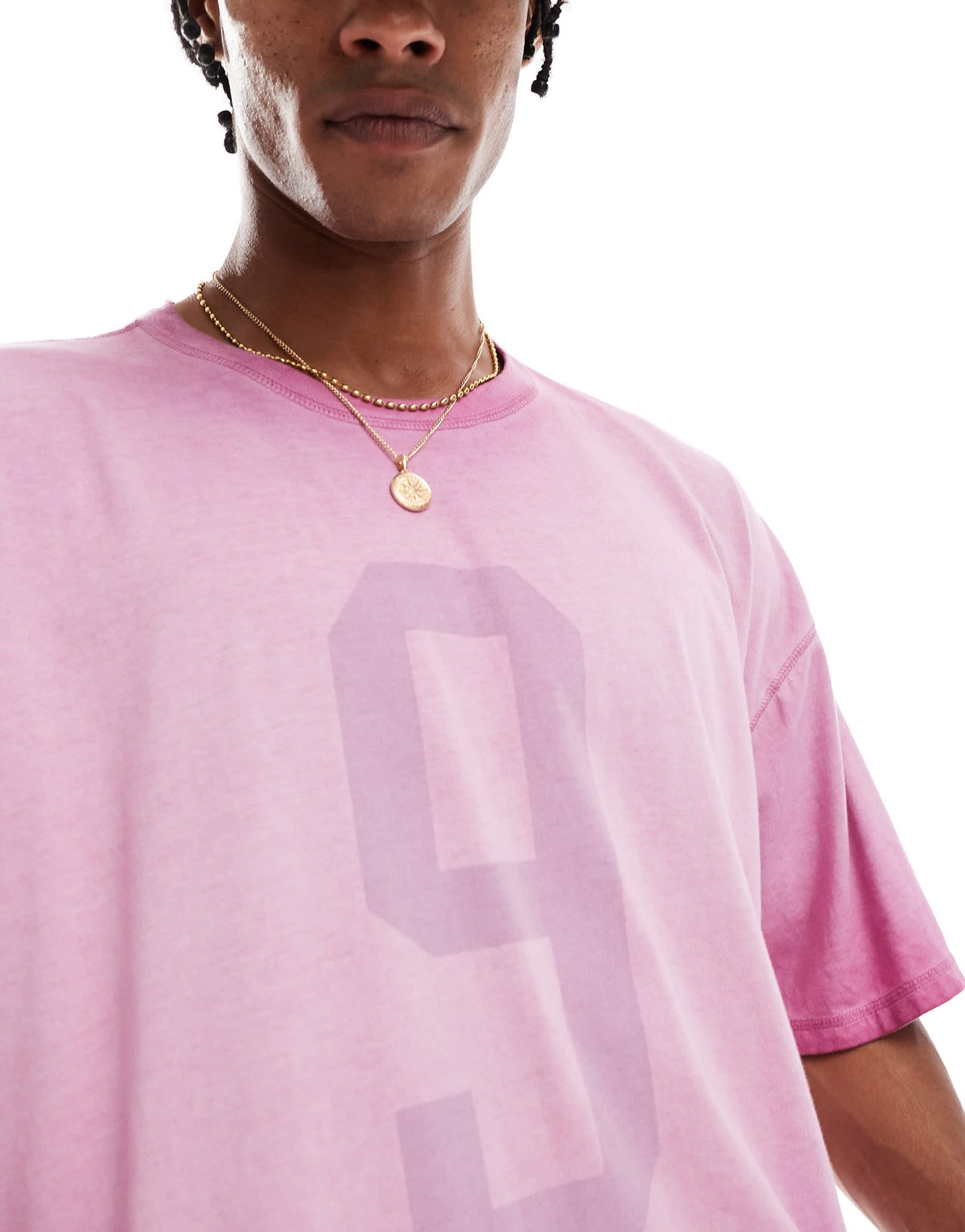 Hollister baggy drop jersey t-shirt with varsity motif detail in washed pink