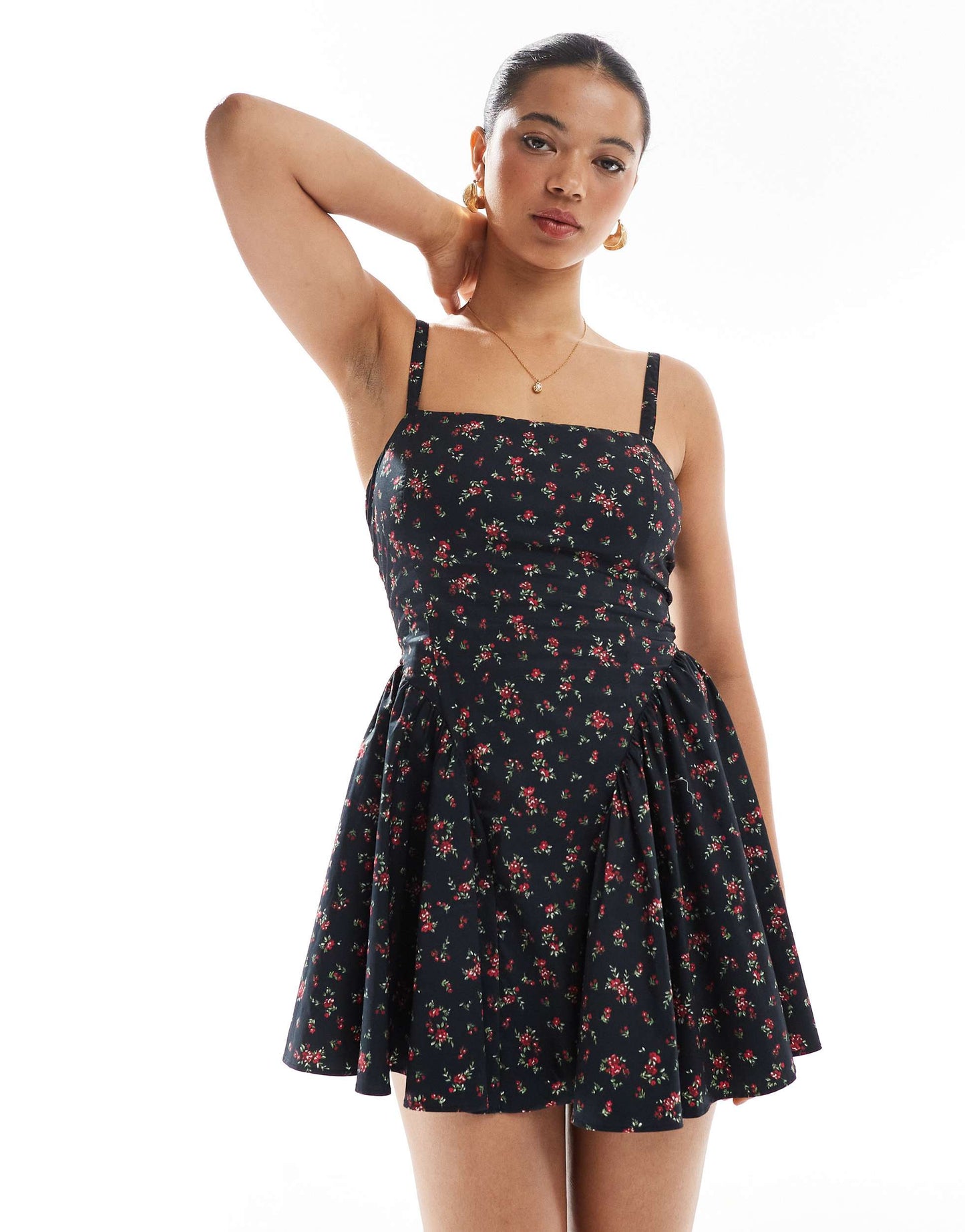 Bershka straight neck volume mini dress in navy floral