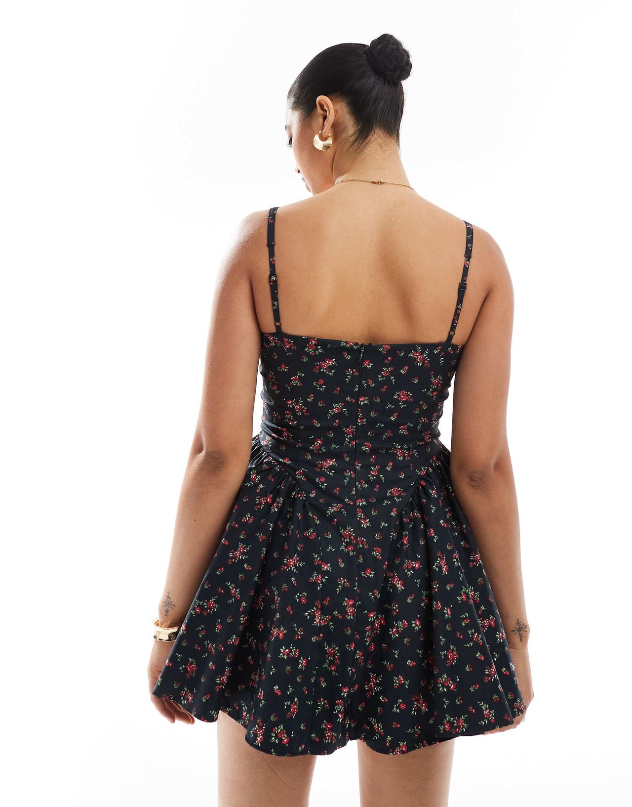 Bershka straight neck volume mini dress in navy floral