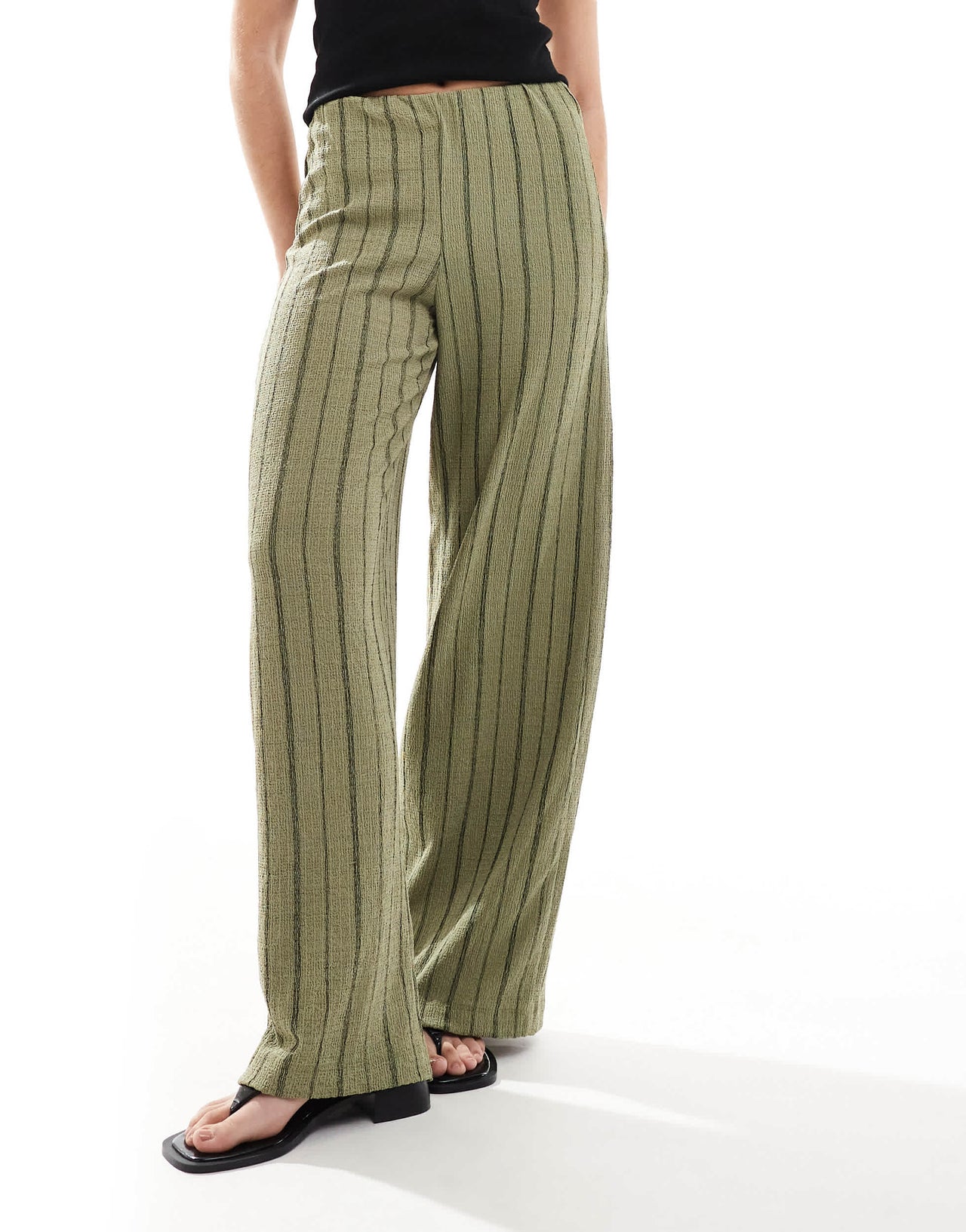 Bershka crinkle wide leg trousers in khaki stripe