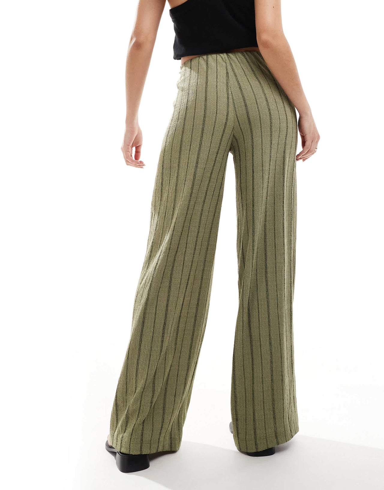 Bershka crinkle wide leg trousers in khaki stripe