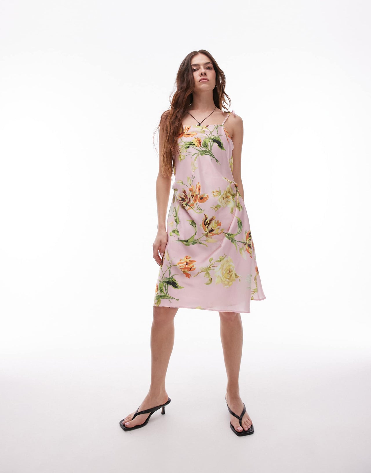 ASOS DESIGN satin tie front midi slip dress in floral print
