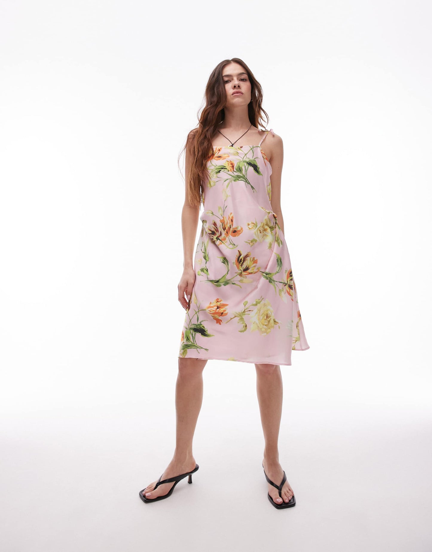 ASOS DESIGN satin tie front midi slip dress in floral print