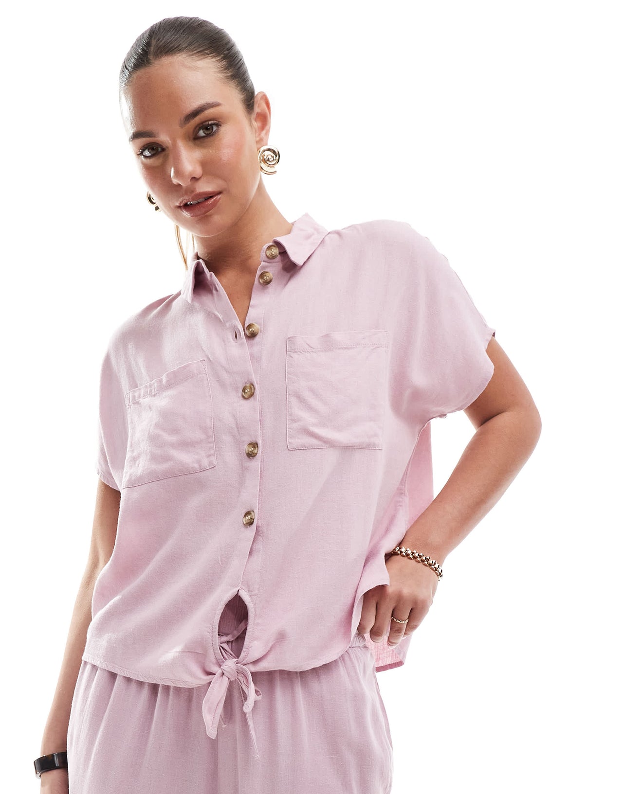 Pieces tie front linen blend shirt co-ord in pink