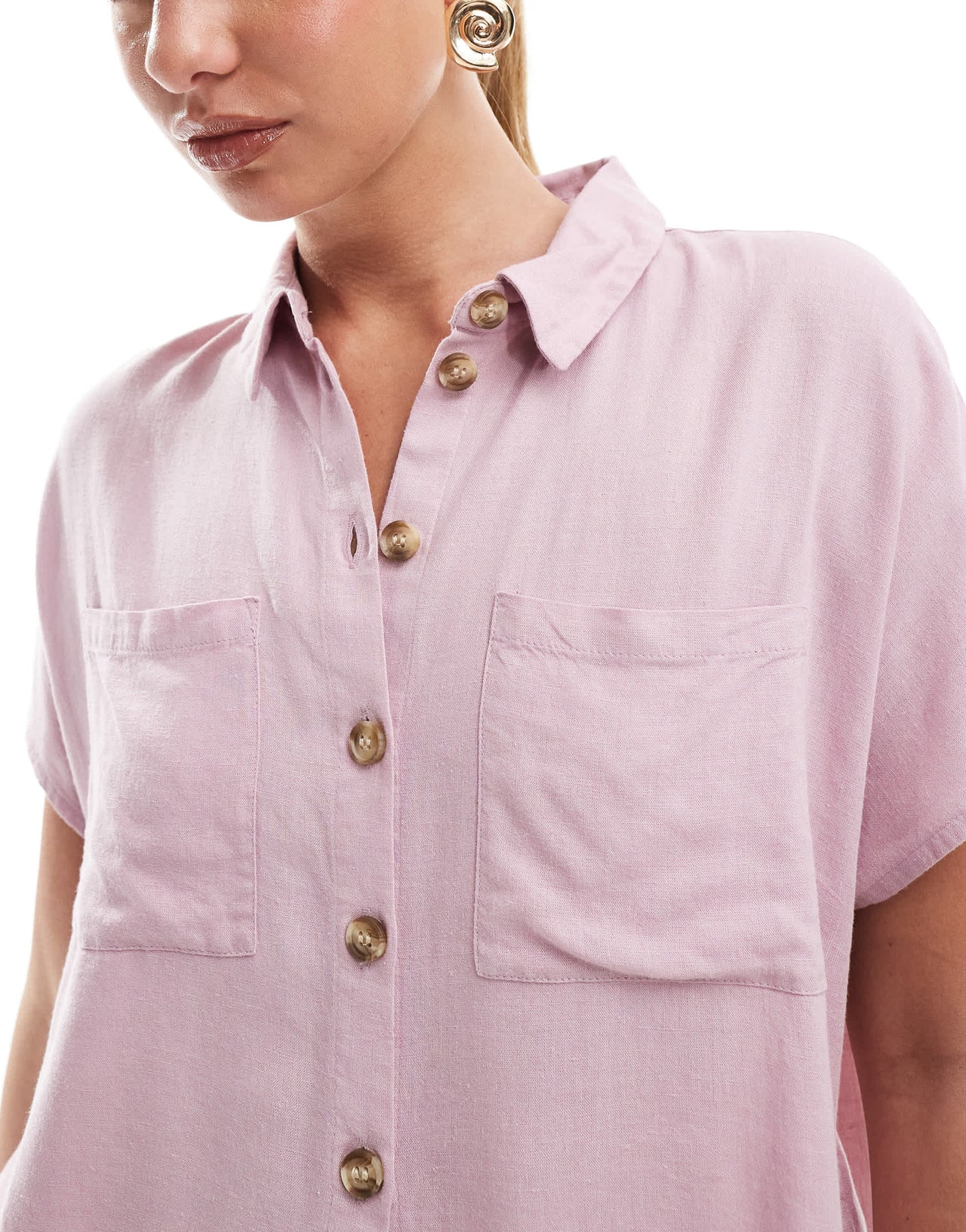 Pieces tie front linen blend shirt co-ord in pink