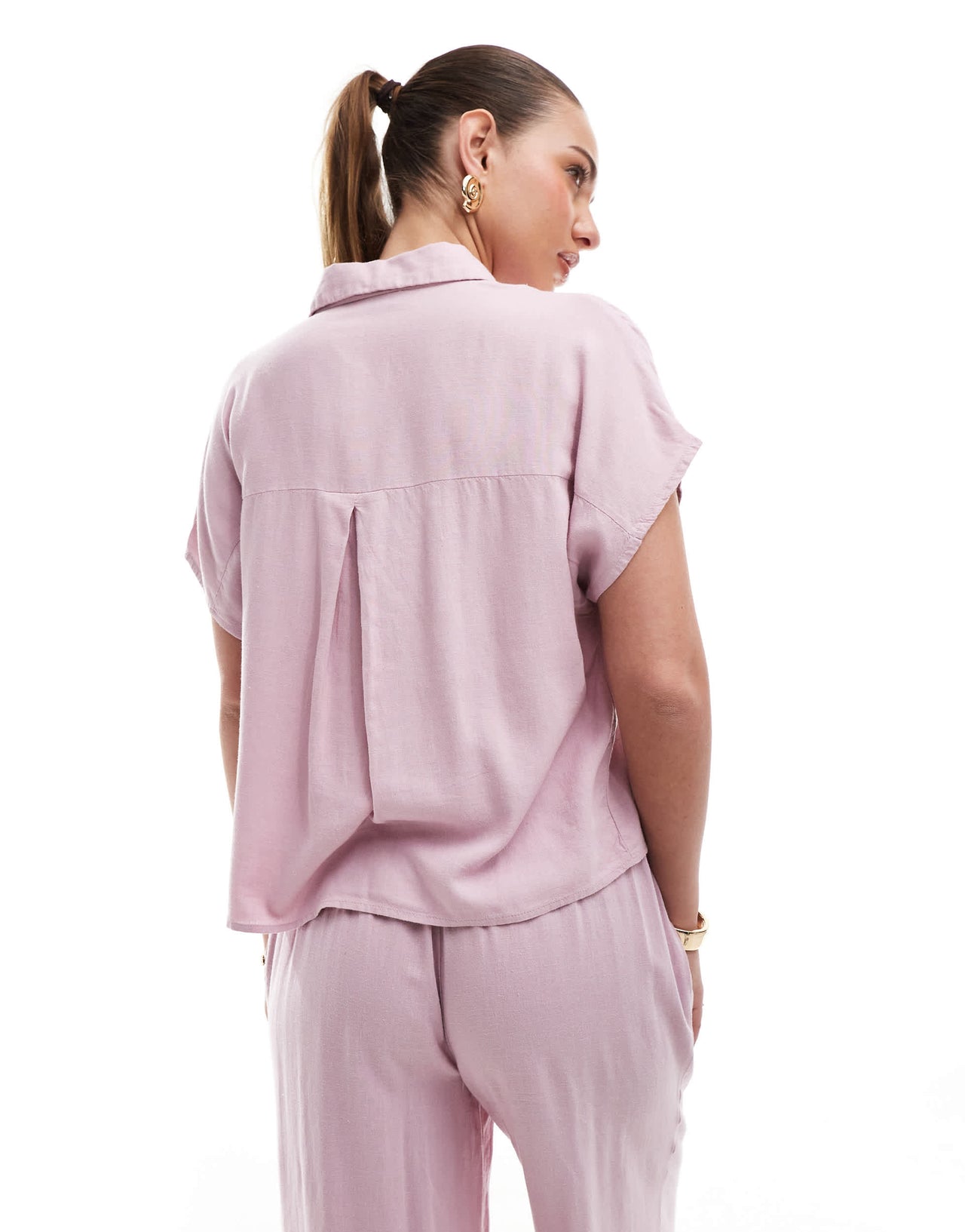 Pieces tie front linen blend shirt co-ord in pink