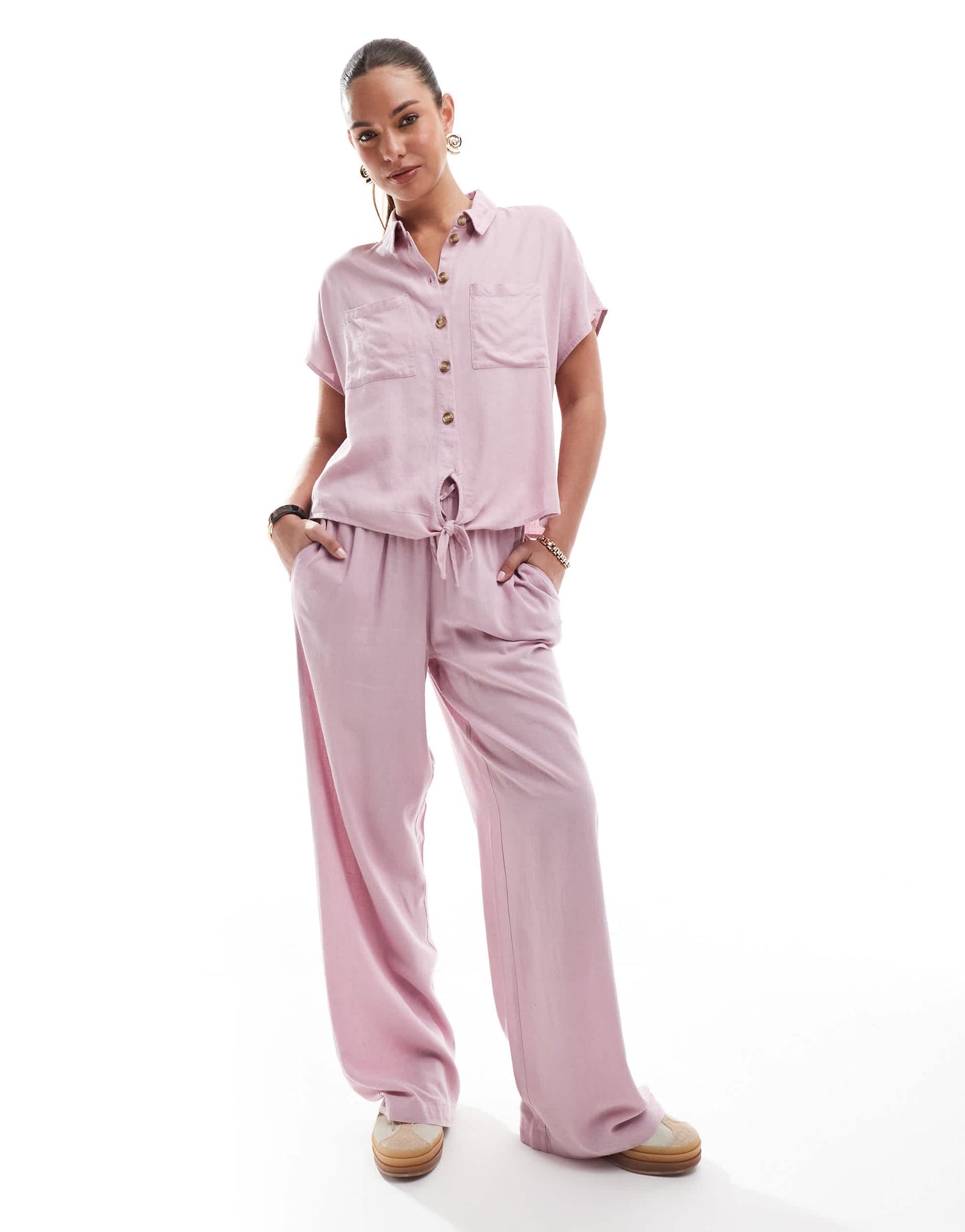Pieces tie front linen blend shirt co-ord in pink