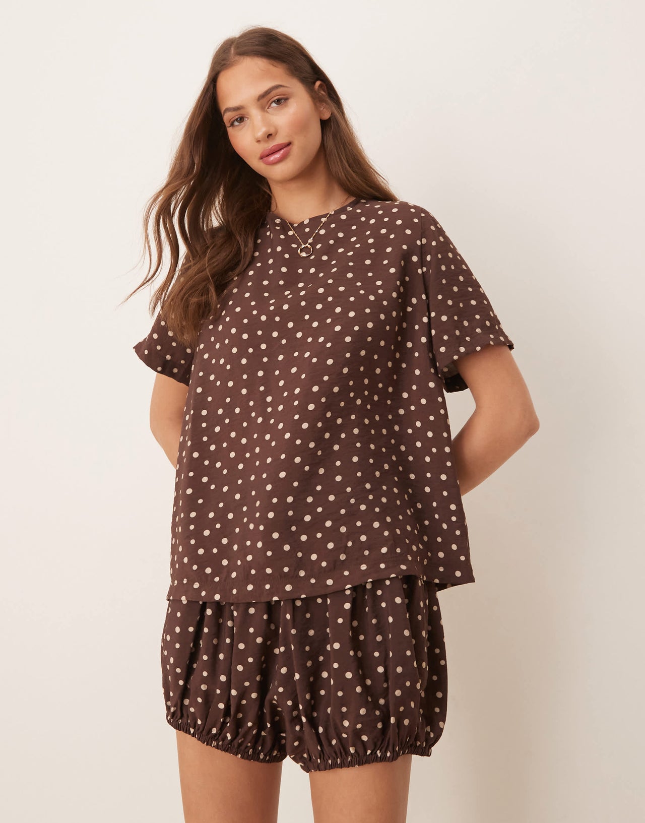 ASOS DESIGN open back tie top co-ord in brown spot print