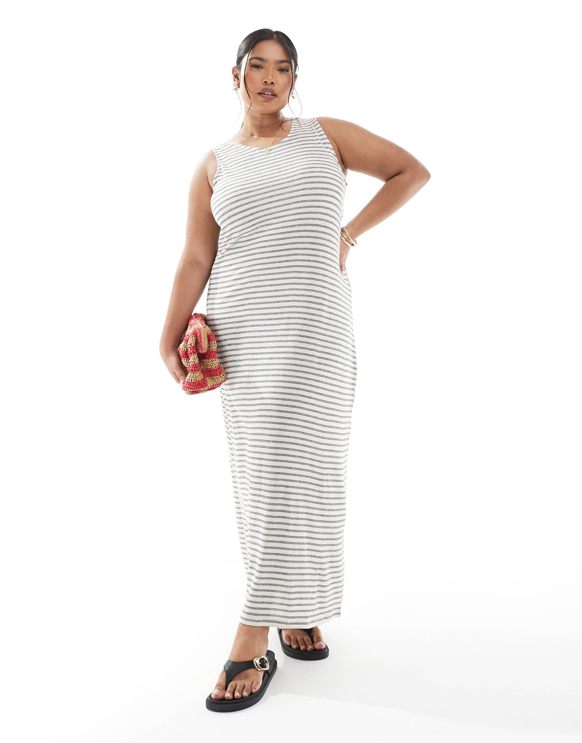 Vero Moda Curve slubby maxi tank dress in mono stripe