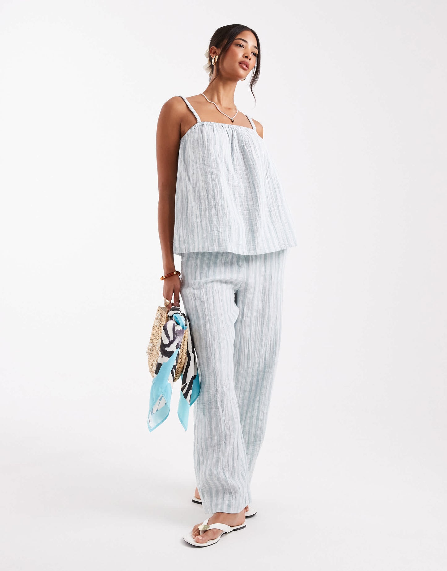 Vero Moda mix and match cotton trouser co-ord in green stripe