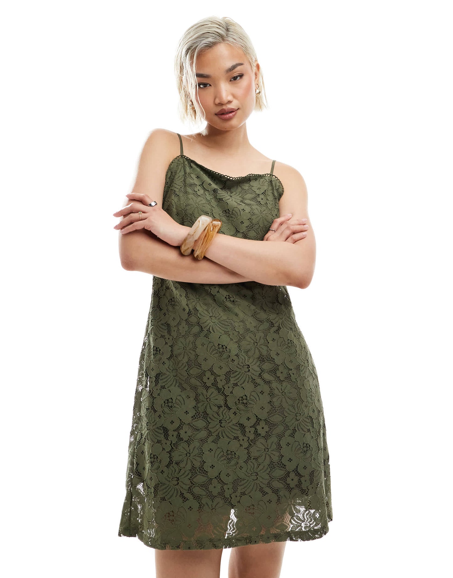Vero Moda square neck lace cami mini dress in olive green