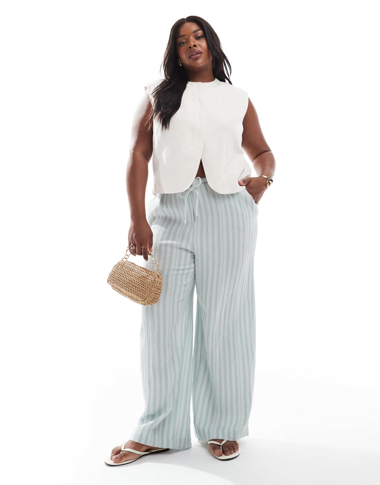 Vero Moda Curve cotton wide leg trousers in green stripe