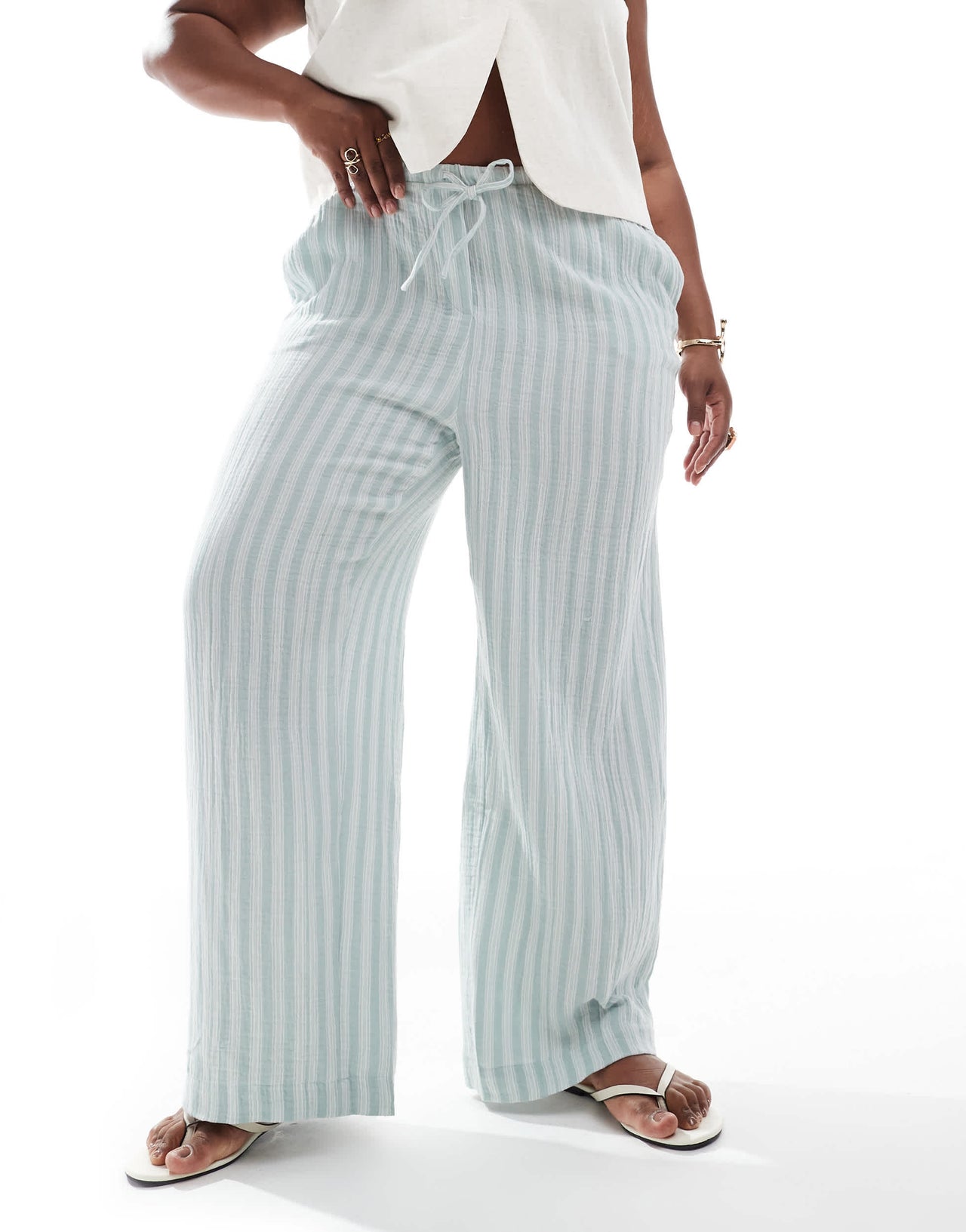 Vero Moda Curve cotton wide leg trousers in green stripe