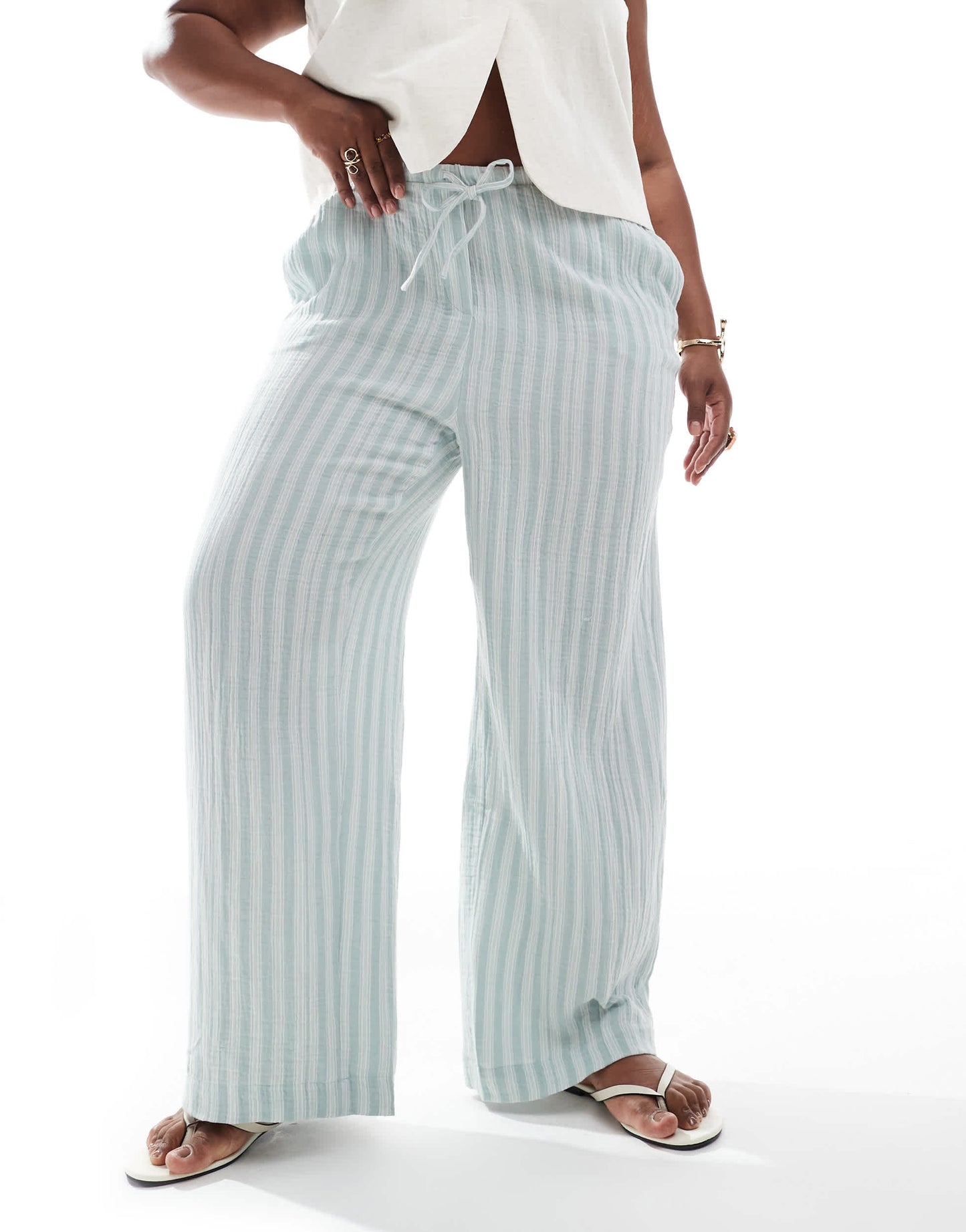 Vero Moda Curve cotton wide leg trousers in green stripe