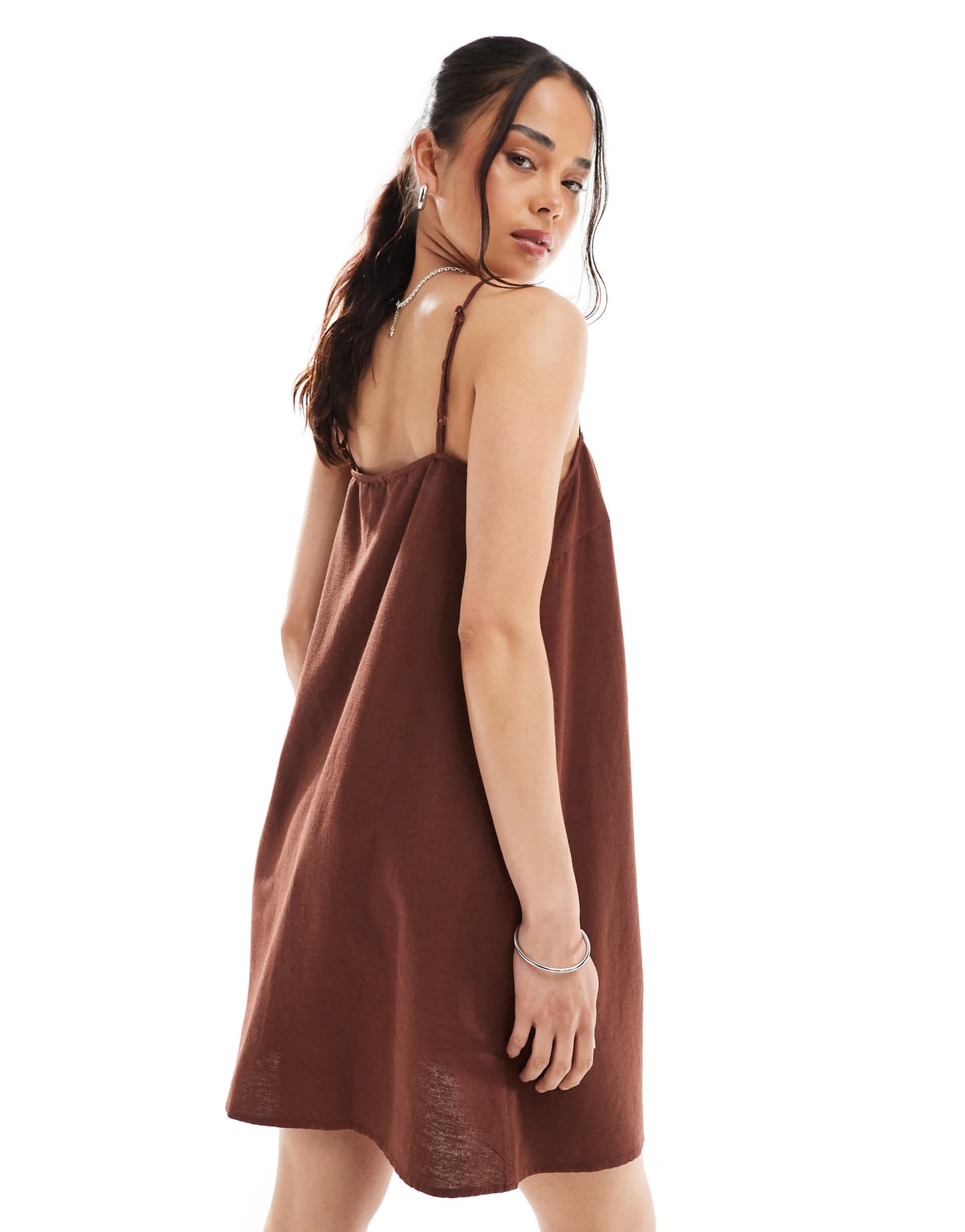 Vero Moda linen touch throw on mini dress in chocolate