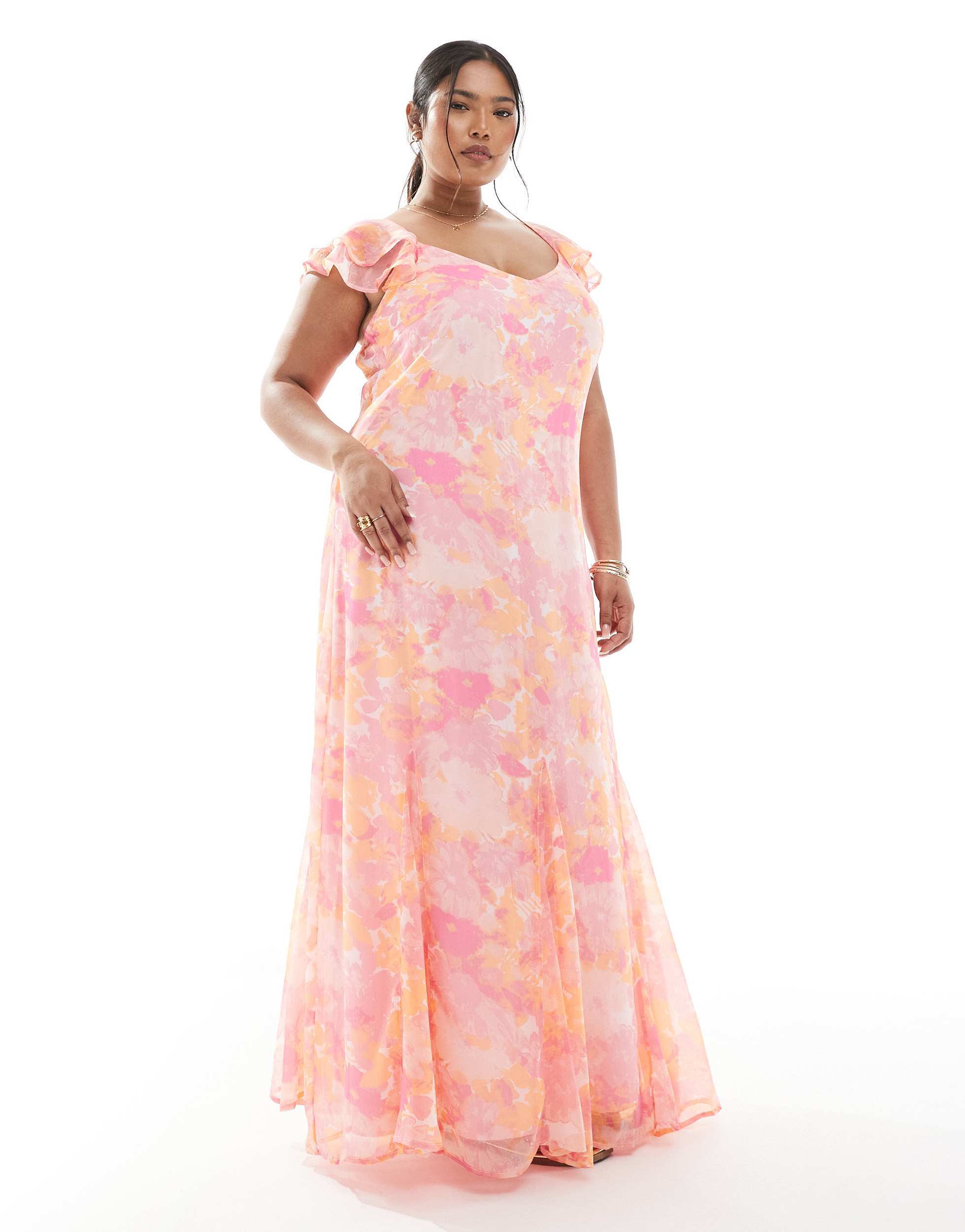 Vero Moda Curve Smilla flutter sleeve ankle dress in pink blurred floral print