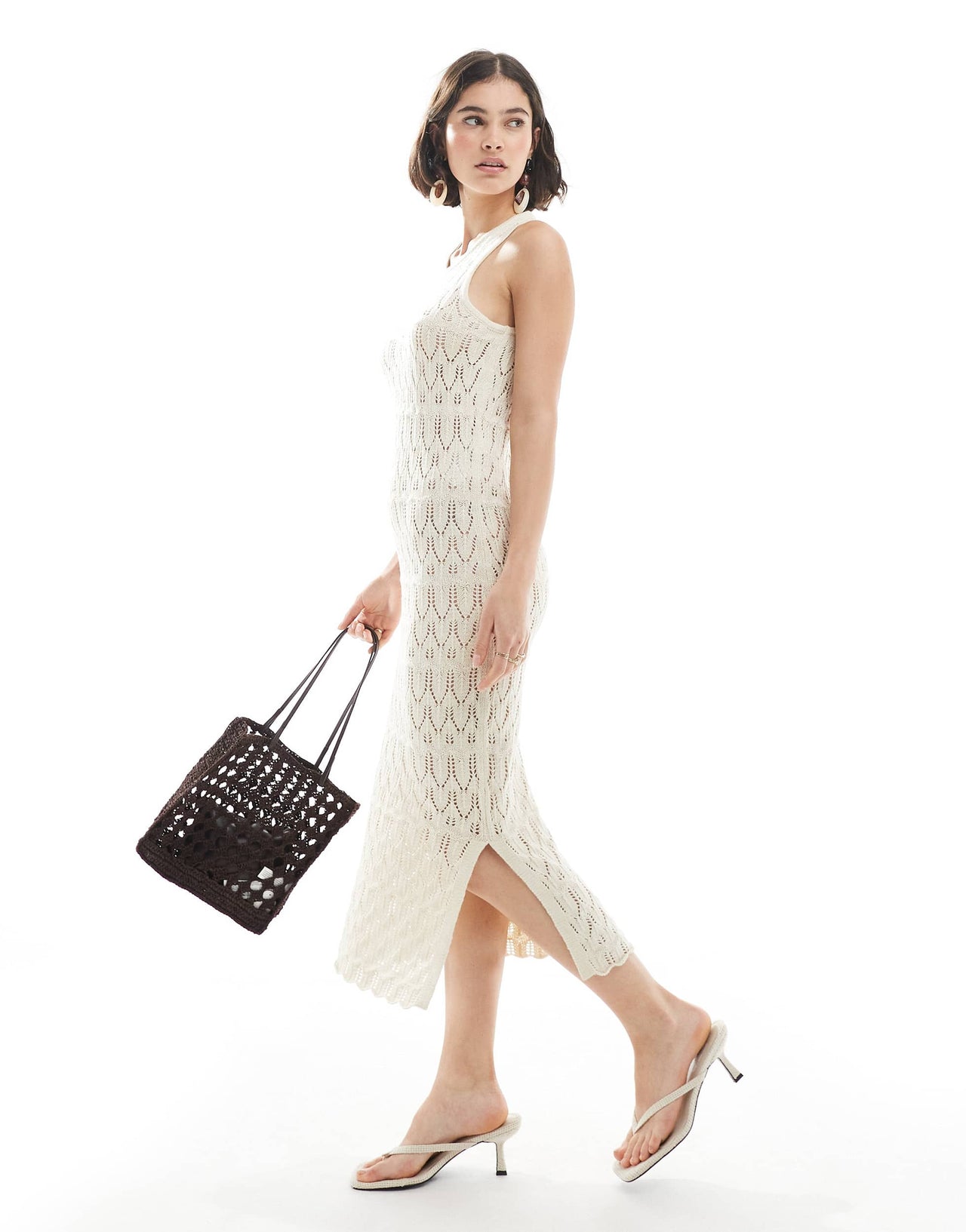 Vero Moda crochet knit midi tank dress in cream
