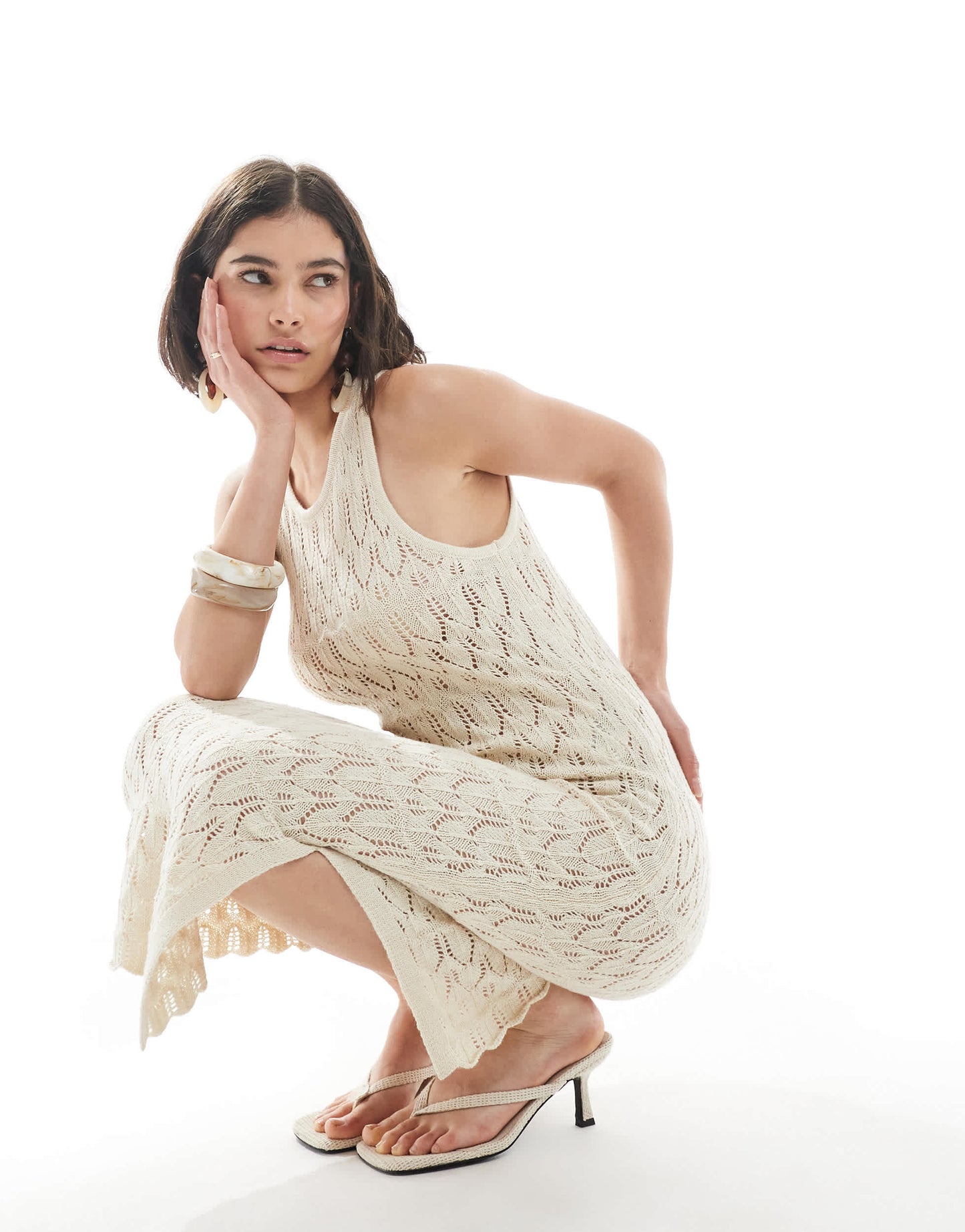 Vero Moda crochet knit midi tank dress in cream