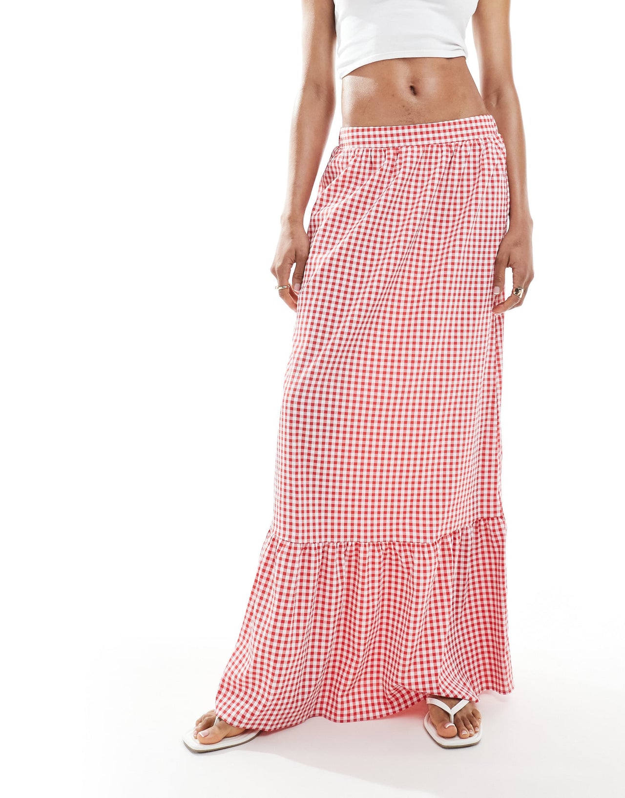 Vero Moda Tall tiered hem maxi skirt  in red gingham print
