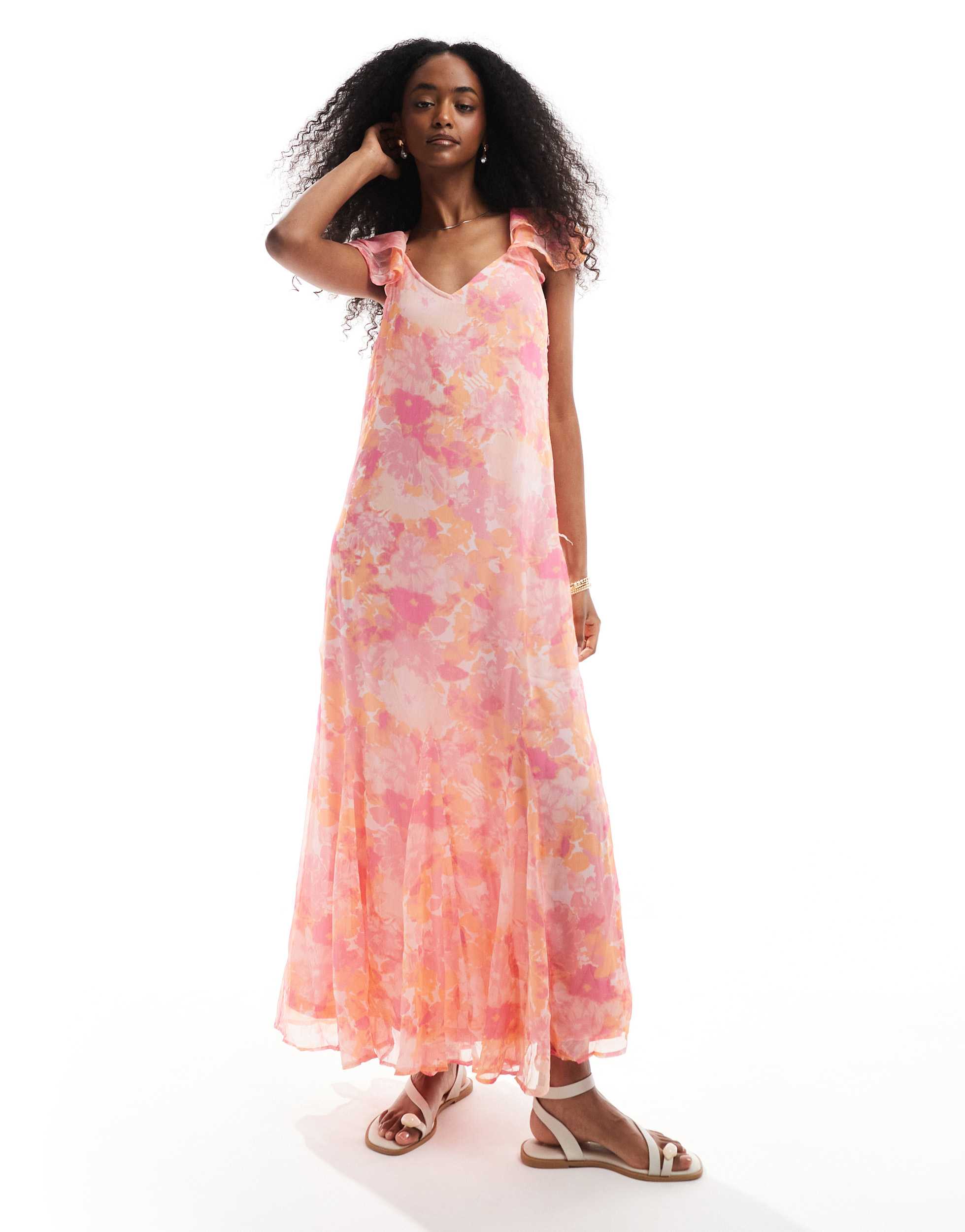 Vero Moda Smilla flutter sleeve ankle dress in pink blurred floral print