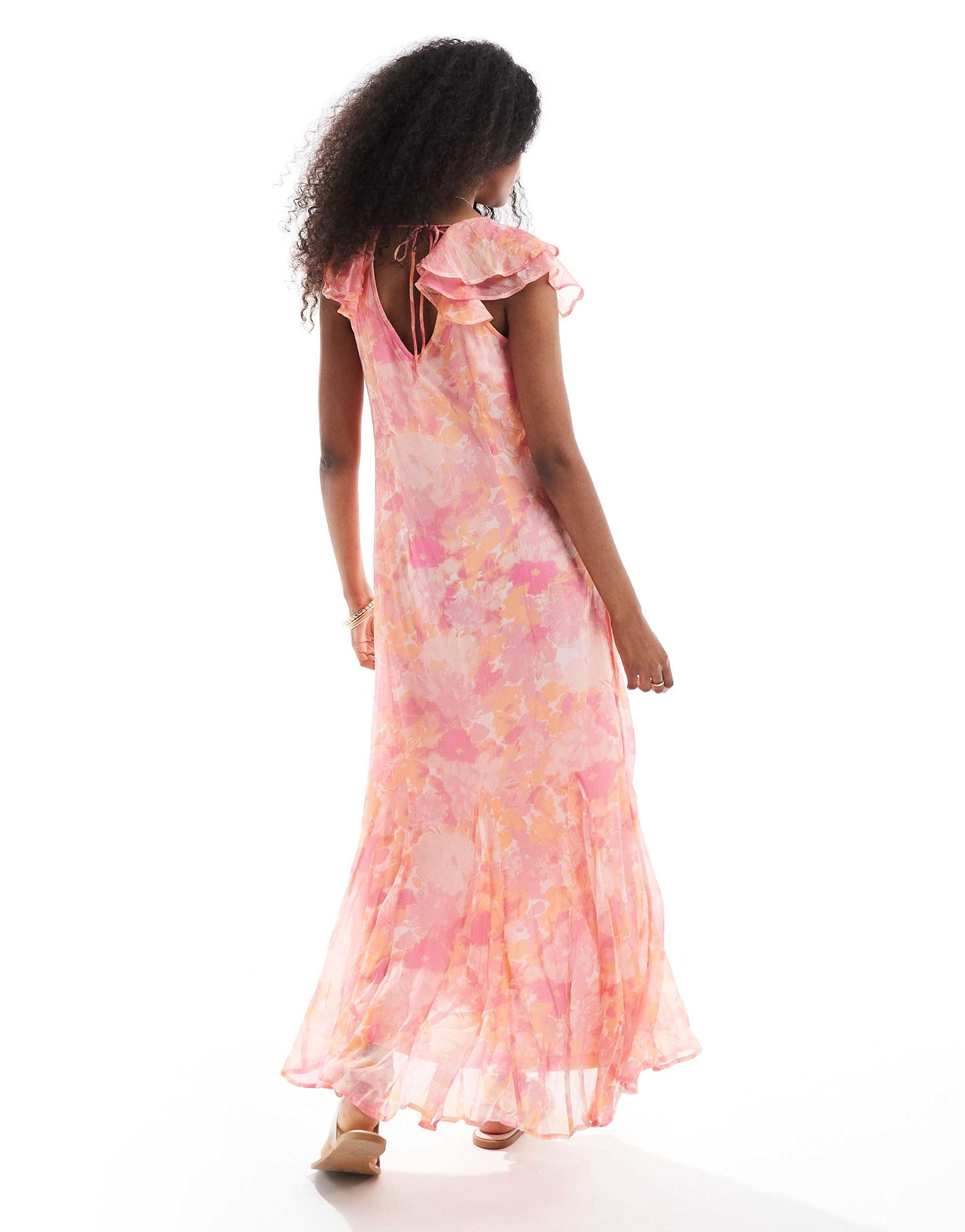 Vero Moda Smilla flutter sleeve ankle dress in pink blurred floral print