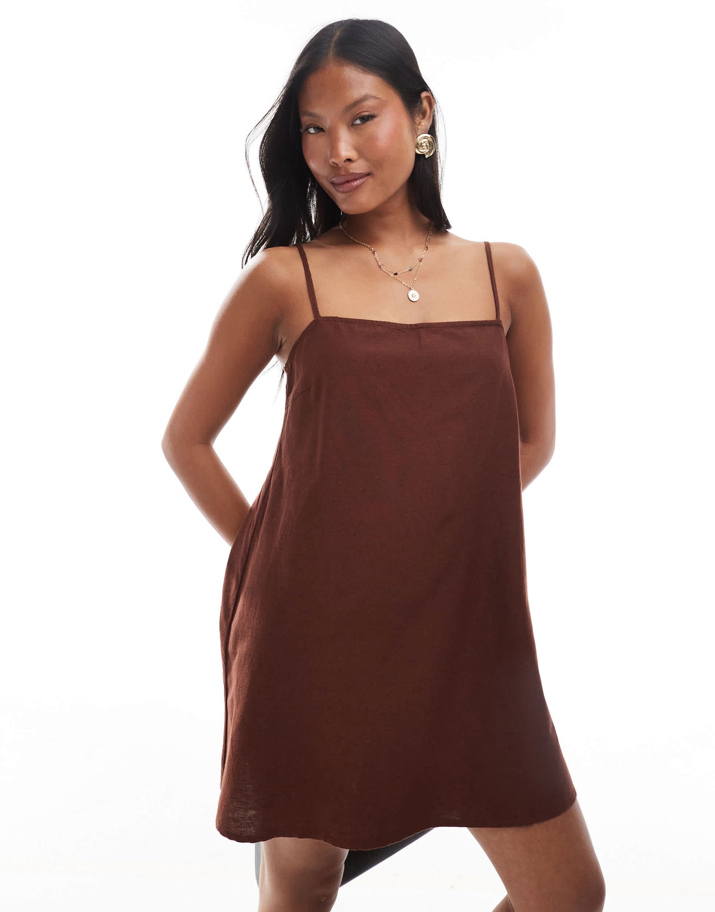 Vero Moda Petite linen touch throw on mini dress in chocolate