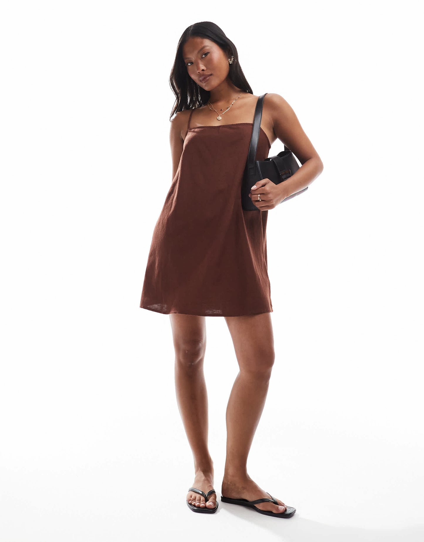 Vero Moda Petite linen touch throw on mini dress in chocolate