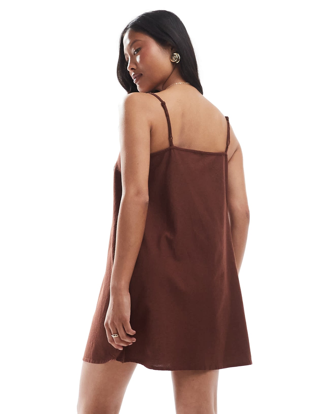 Vero Moda Petite linen touch throw on mini dress in chocolate