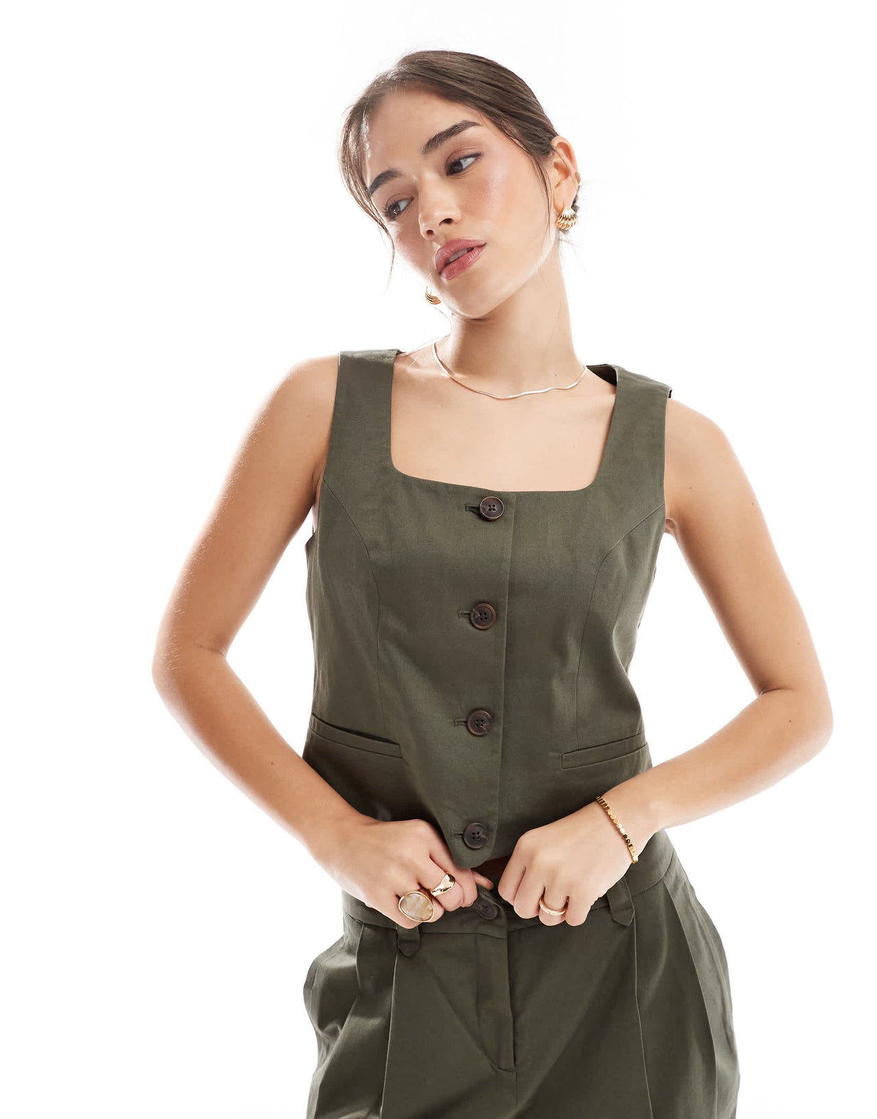Vero Moda tailored square neck waistcoat co-ord in kalamata green