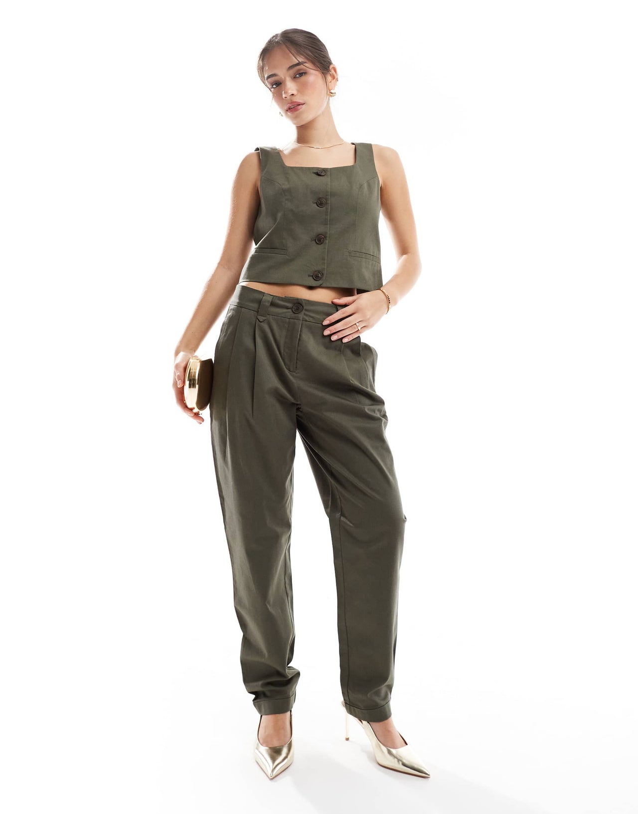Vero Moda tailored square neck waistcoat co-ord in kalamata green