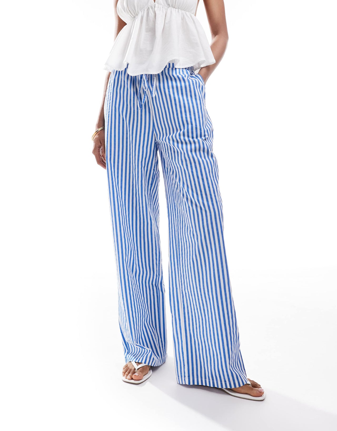 Vero Moda Tall double waistband detail wide leg trouser in blue stripe