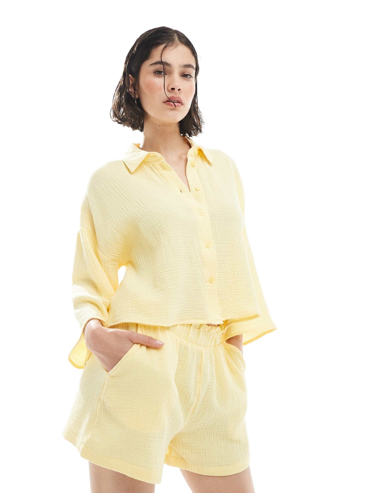 Vero Moda textured shorts co-ord in pale yellow - YELLOW