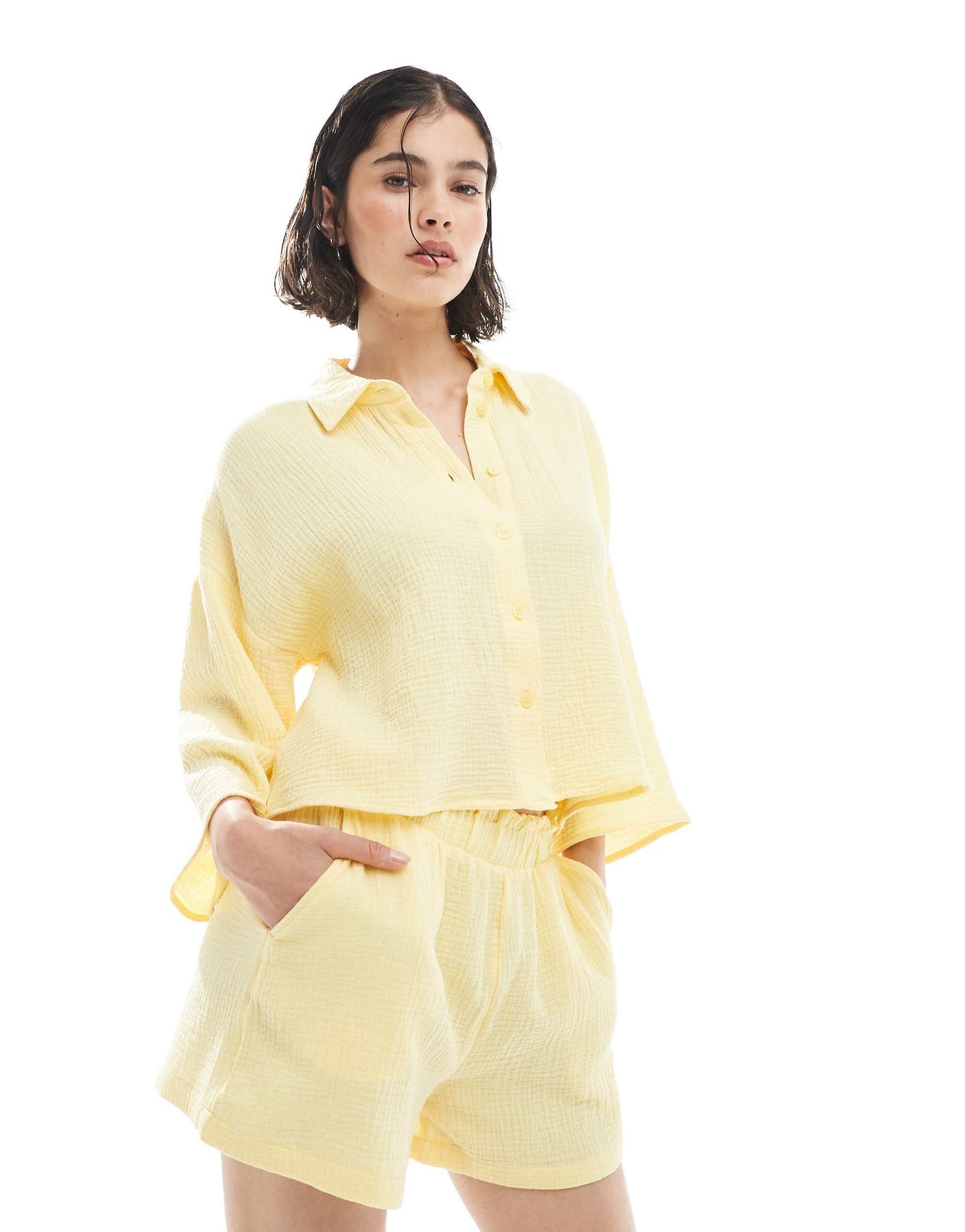 Vero Moda textured shorts co-ord in pale yellow - YELLOW