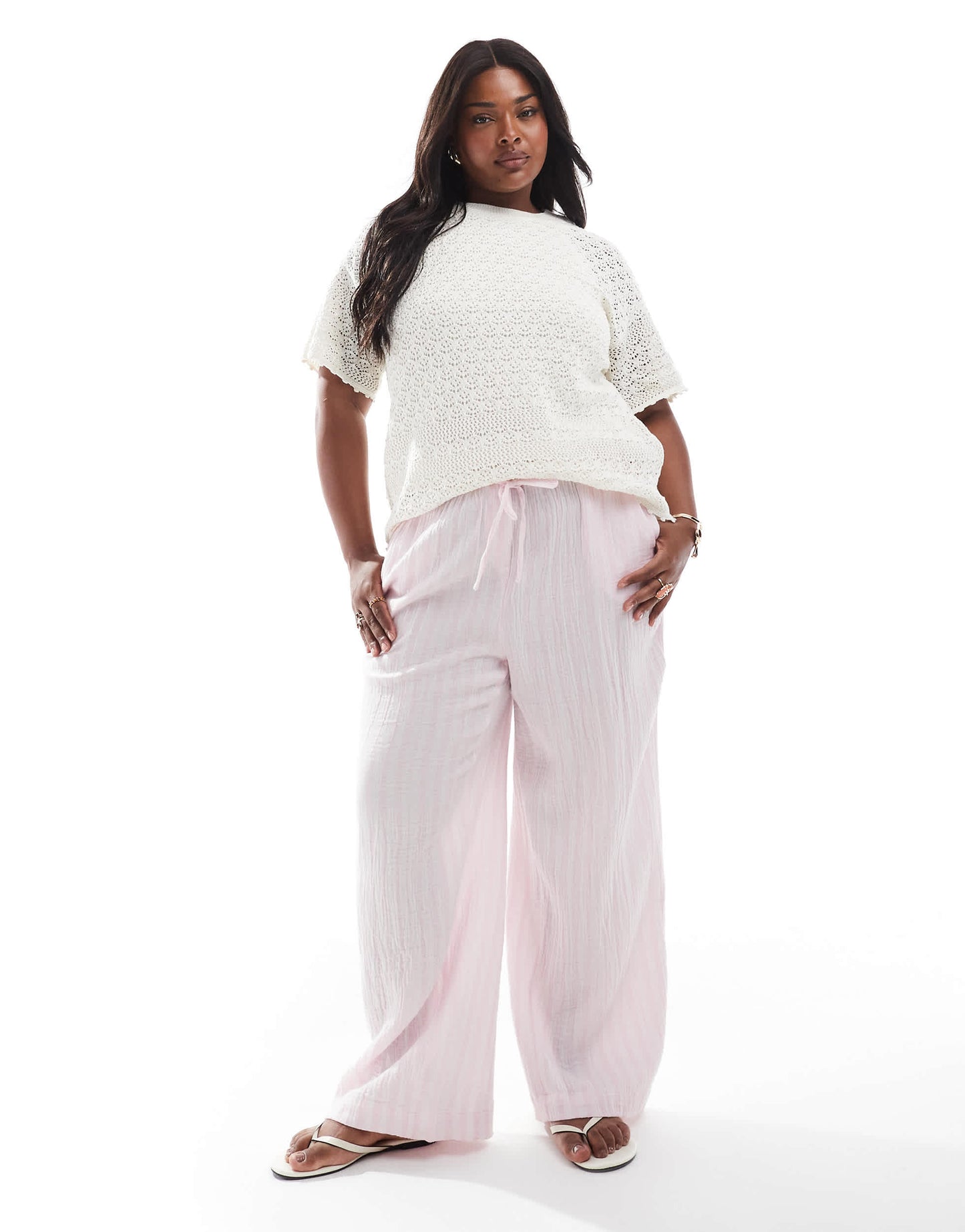 Vero Moda Curve cotton wide leg trousers in pale pink stripe
